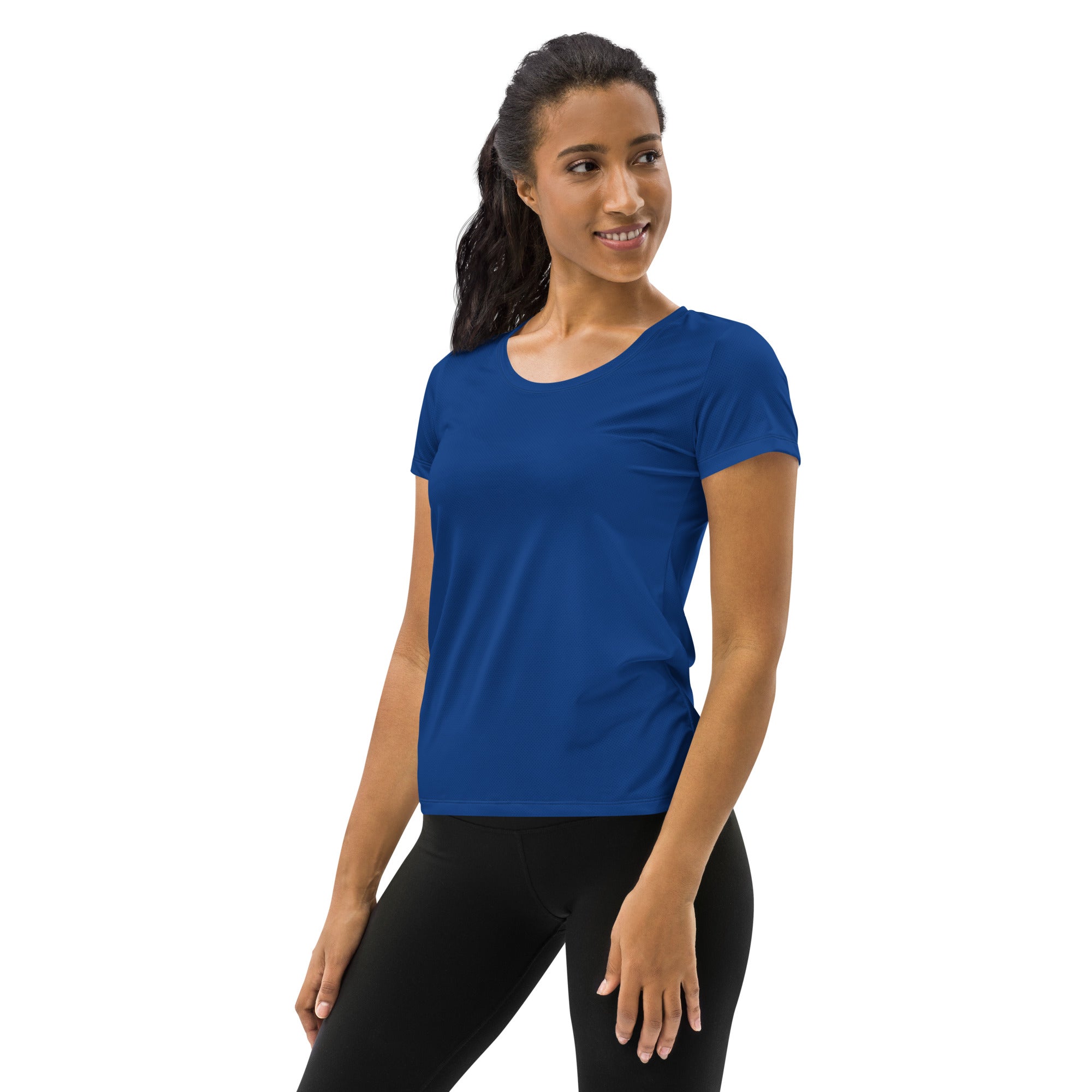 A vibrant royal blue short-sleeved women’s athletic top with rounded neckline and moisture-wicking fabric for workouts