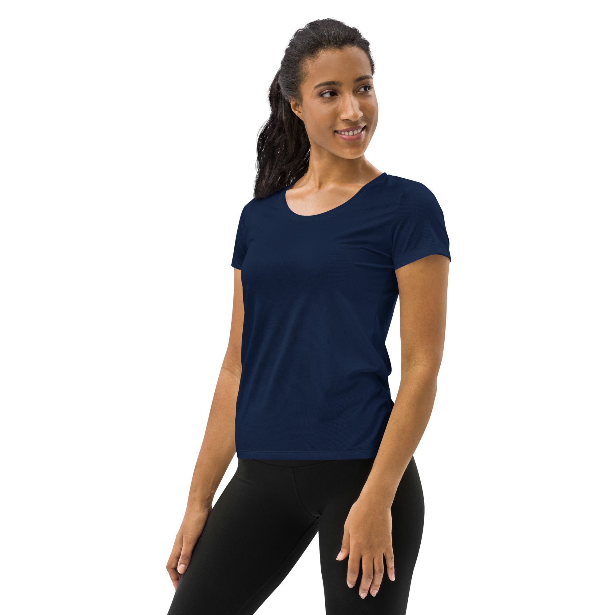 Women’s navy blue short-sleeved performance t-shirt with rounded neckline lightweight moisture-wicking fabric upf 50+