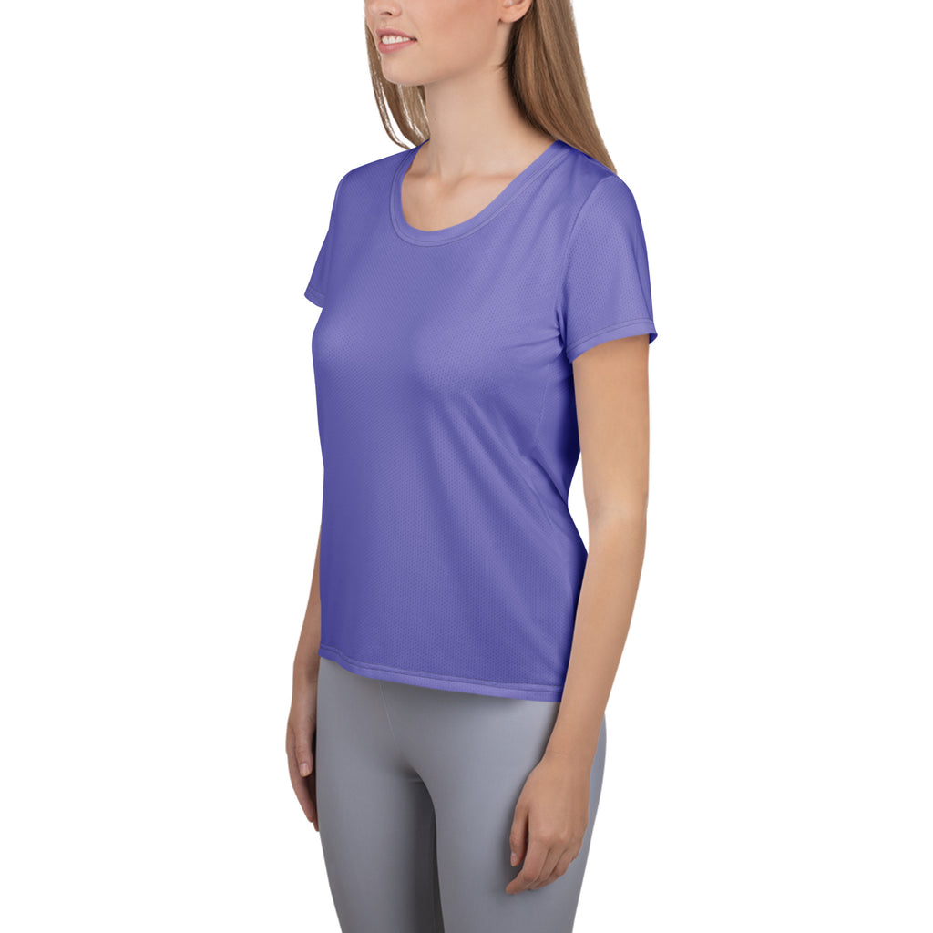 Women’s purple performance athletic t-shirt with rounded neckline lightweight moisture wicking fabric