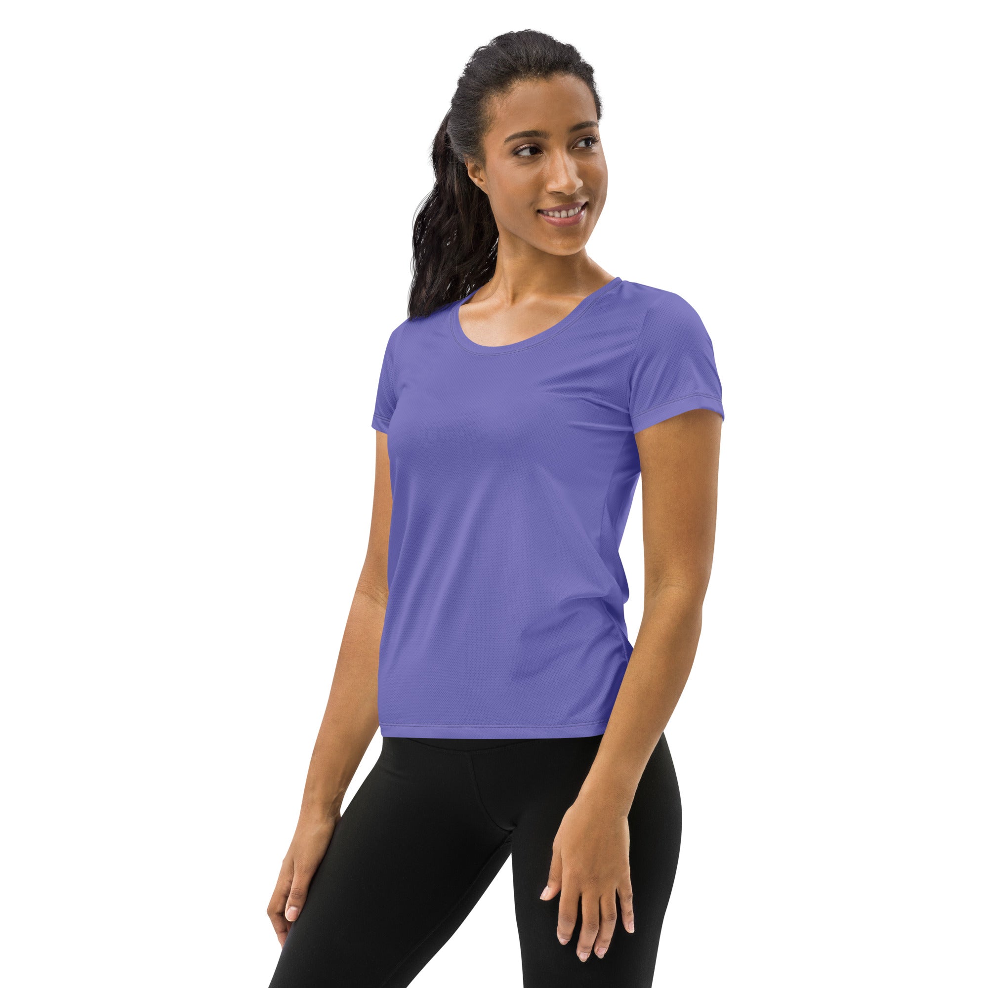 A soft lavender short-sleeved women’s performance athletic t-shirt with rounded neckline lightweight and moisture wicking