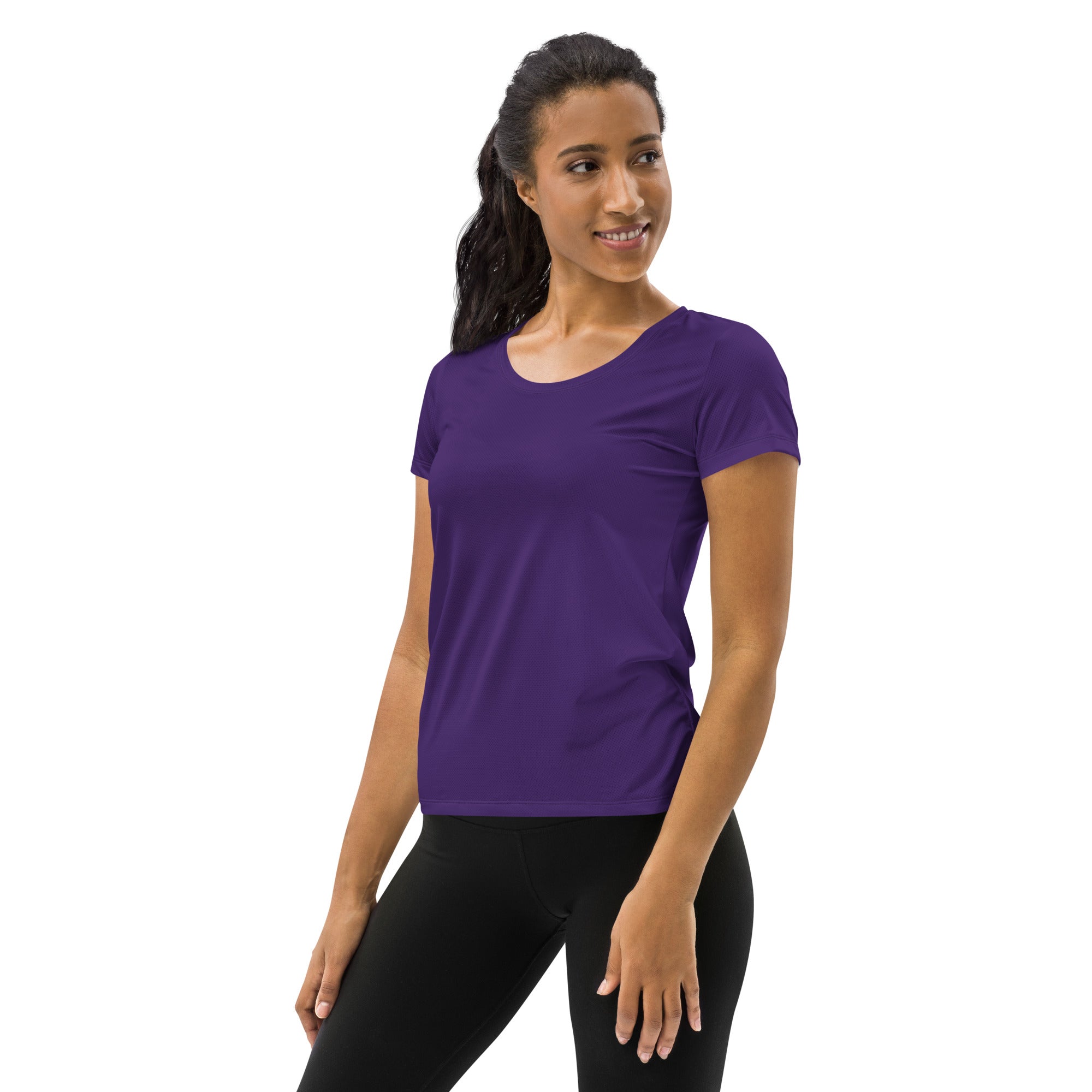 Women’s dark purple lightweight moisture wicking performance athletic t-shirt with short sleeves and rounded neckline