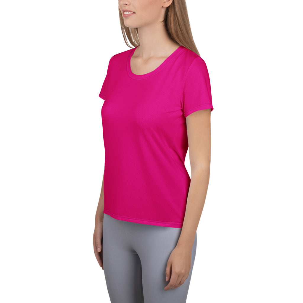 Vibrant fuchsia women’s short sleeve performance t-shirt with rounded neckline lightweight moisture wicking fabric