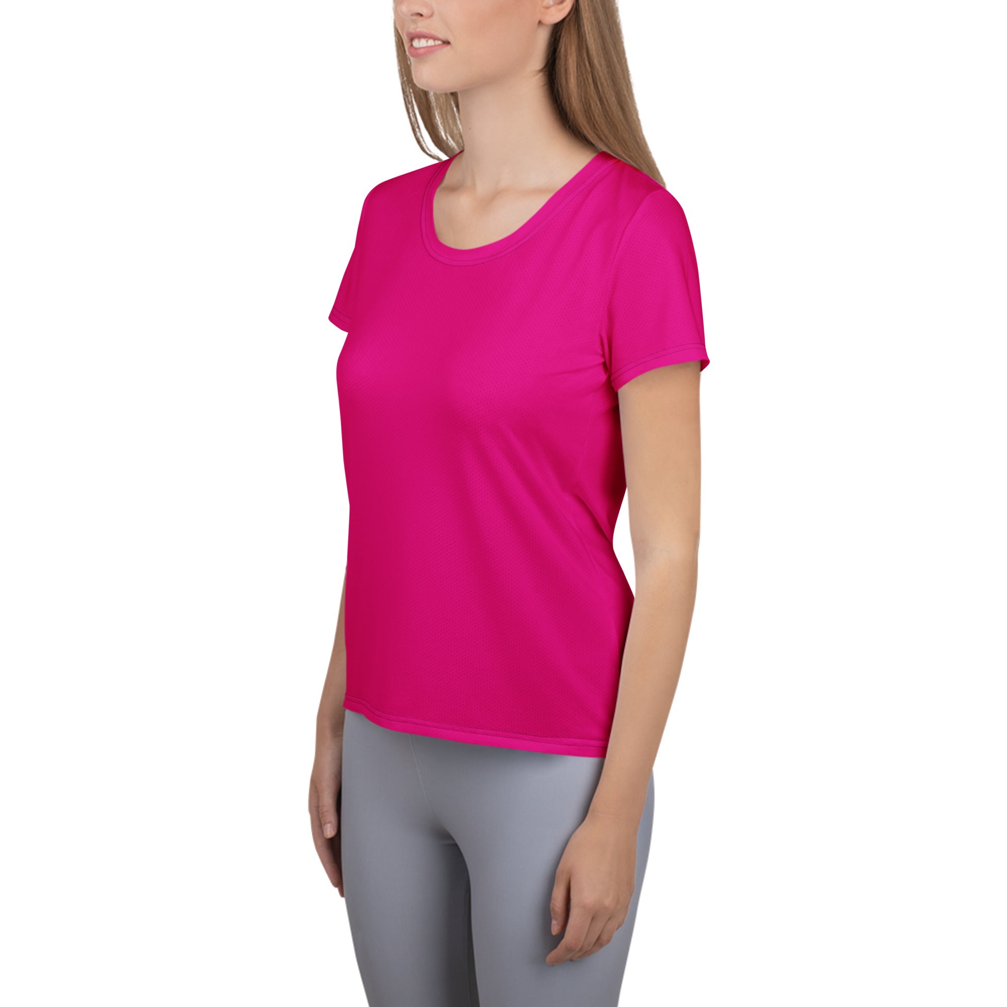 Vibrant fuchsia women’s short sleeve performance t-shirt with rounded neckline lightweight moisture wicking fabric