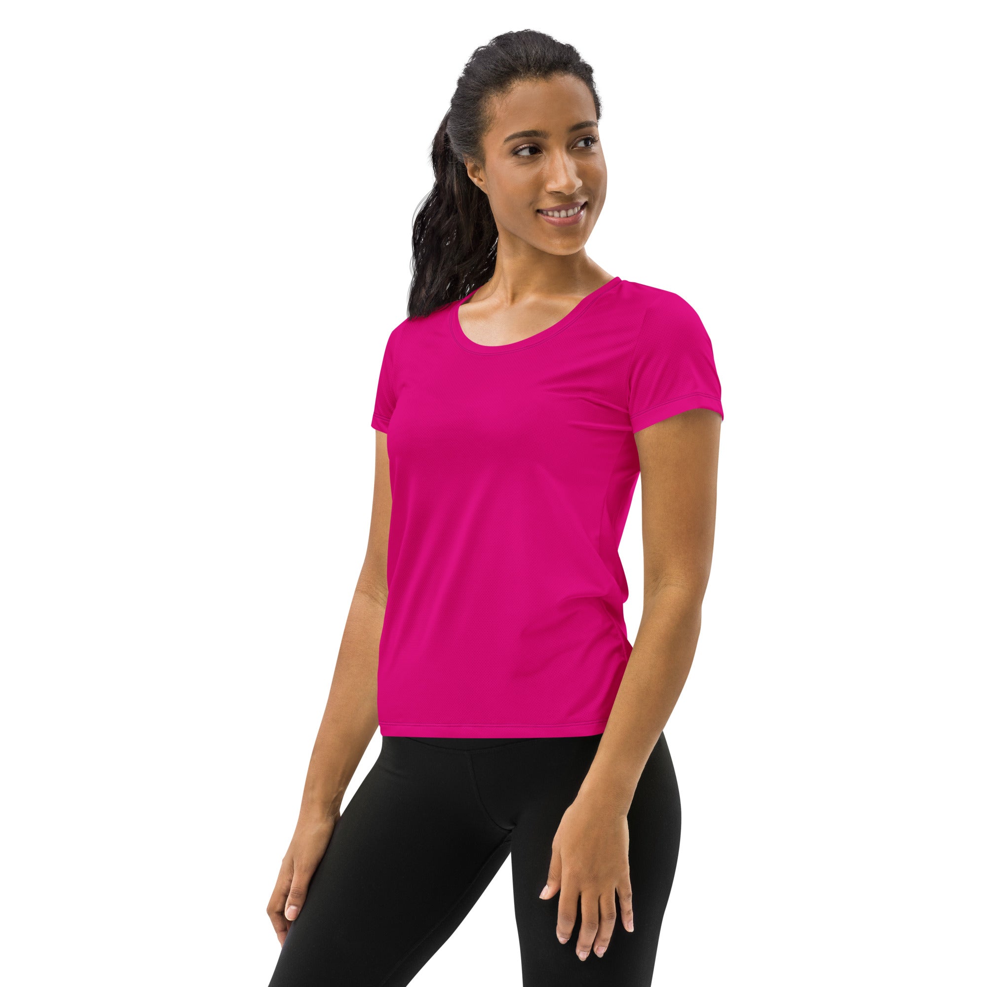 A vibrant fuchsia short-sleeved women’s performance athletic t-shirt with rounded neckline and UPF 50 plus protection
