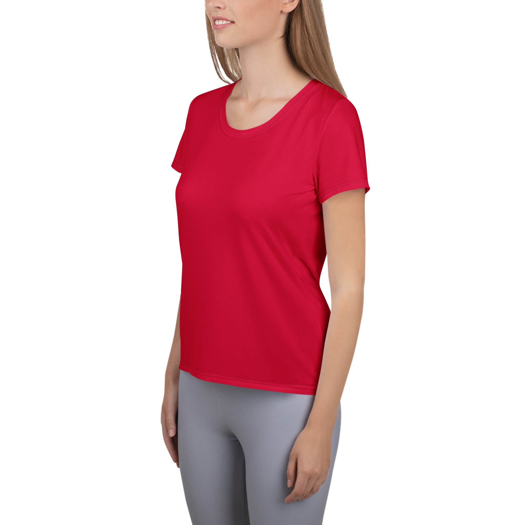 Women’s ruby red performance athletic t-shirt with soft smooth fabric, round neckline, lightweight moisture wicking top