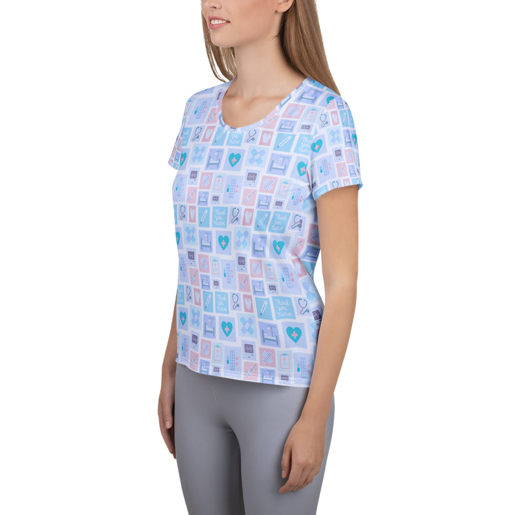 Women’s blue nurse icon lightweight moisture wicking athletic t-shirt with pink medical graphics and upf 50+ protection