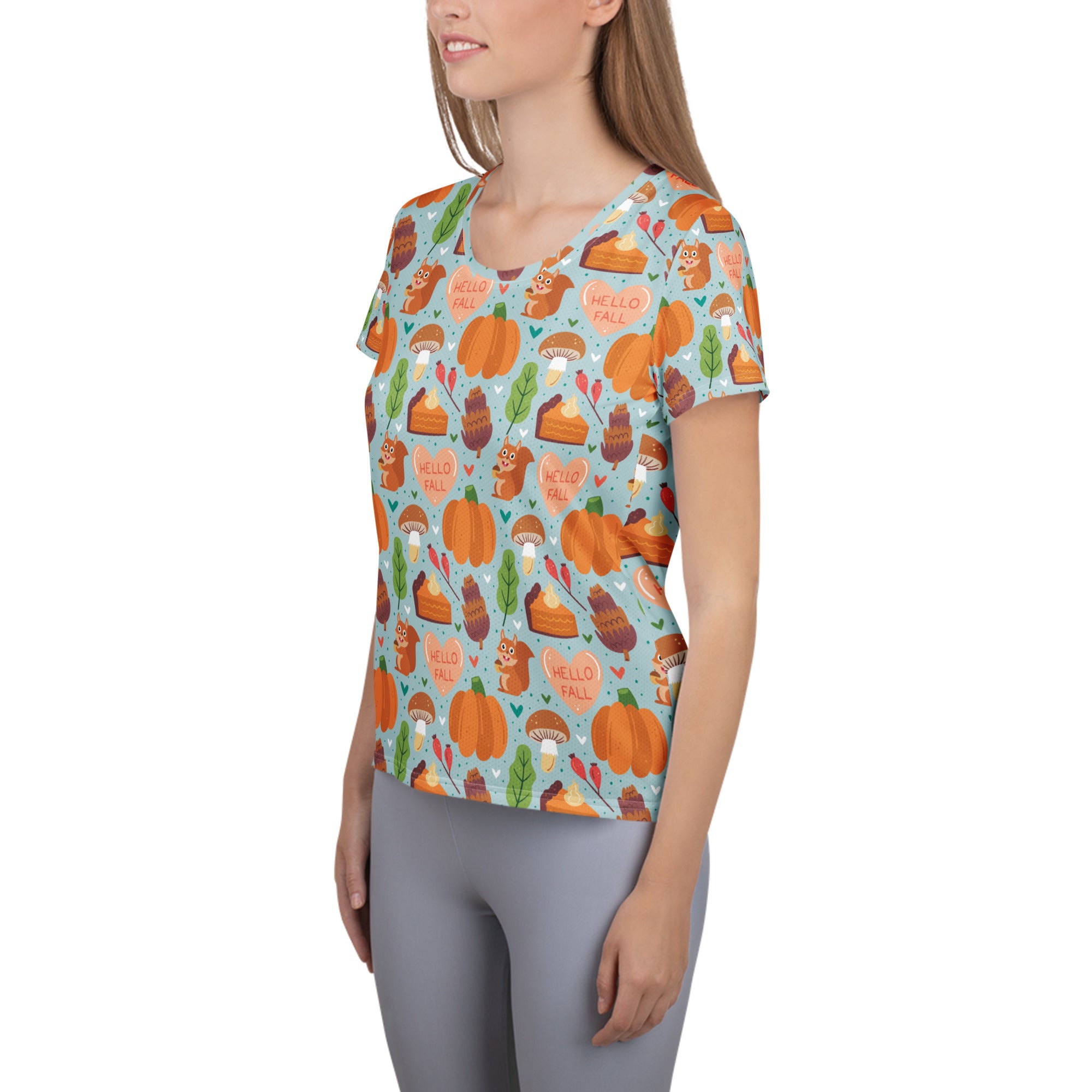 Women’s 'Hello Fall' Autumn Performance Athletic T-Shirt - Lightweight Moisture Wicking Workout Top with UPF 50+