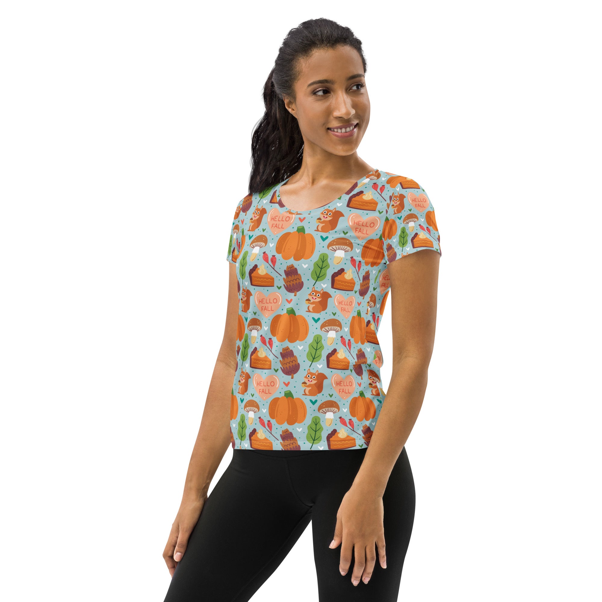 Women’s 'Hello Fall' Autumn Performance Athletic T-Shirt - Lightweight Moisture Wicking Workout Top with UPF 50+