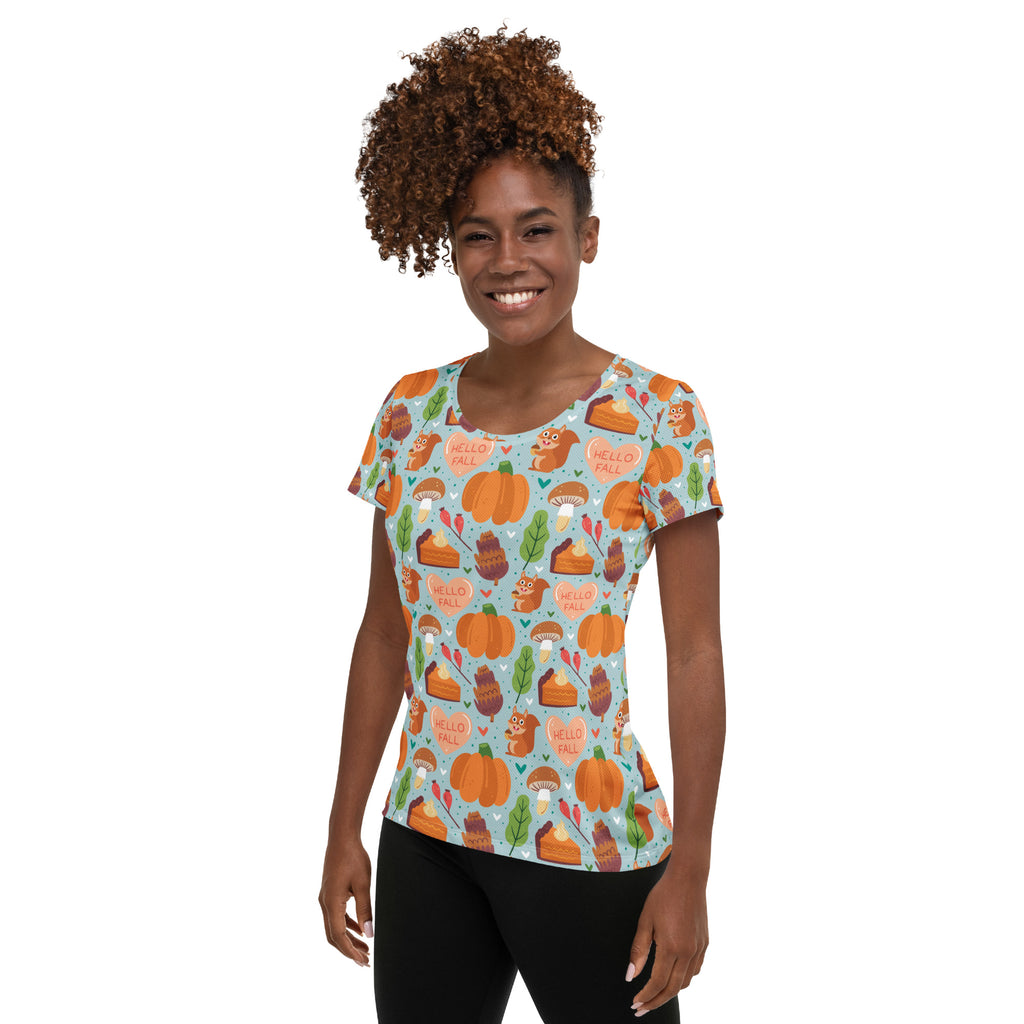 Women’s 'Hello Fall' Autumn Performance Athletic T-Shirt - Lightweight Moisture Wicking Workout Top with UPF 50+