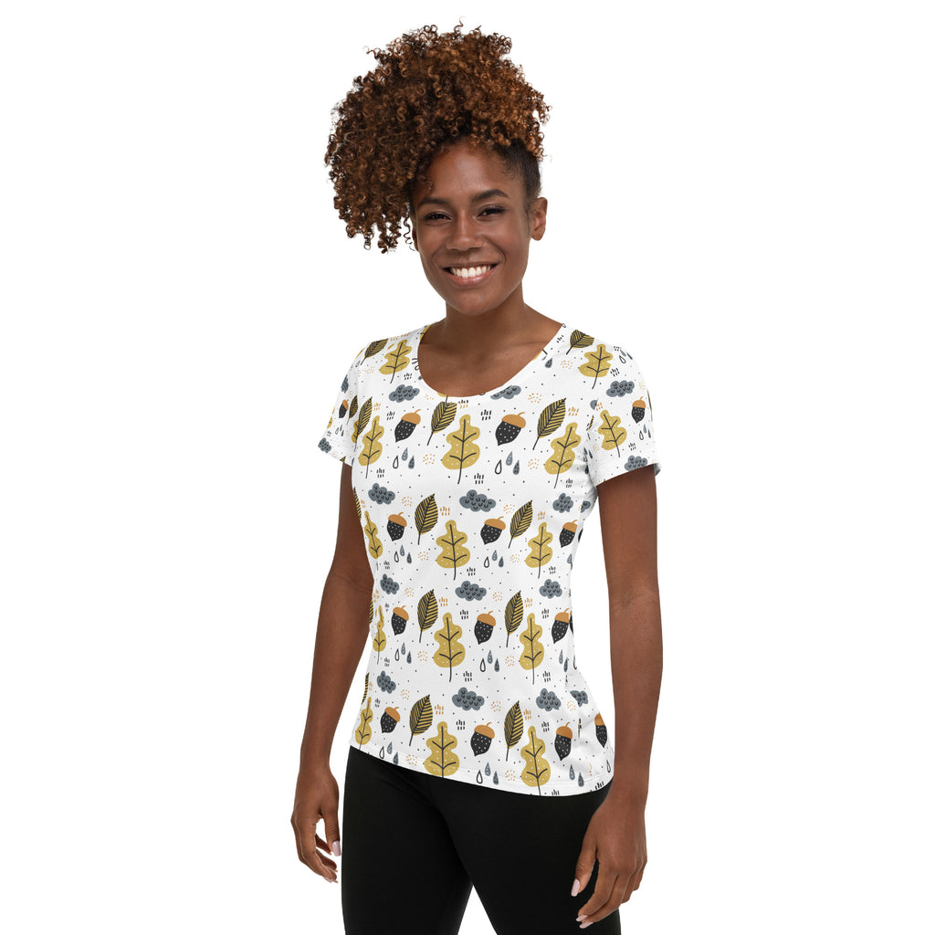 Women’s Autumn Leaves & Acorns Performance Athletic T-Shirt - Lightweight Moisture Wicking Workout Top with UPF 50+