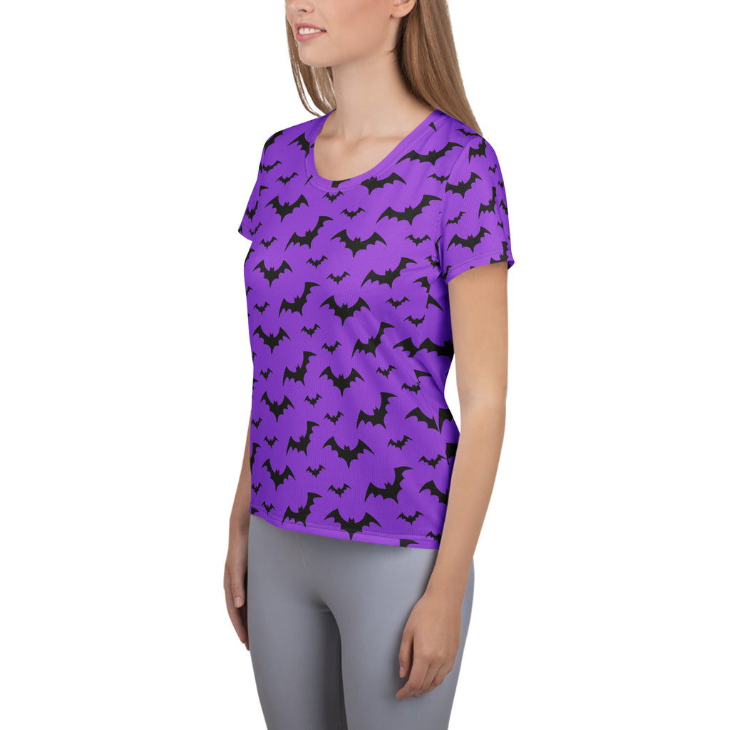 Women’s Purple Bats Halloween Performance Athletic T-Shirt - Lightweight Moisture Wicking Workout Top with UPF 50+