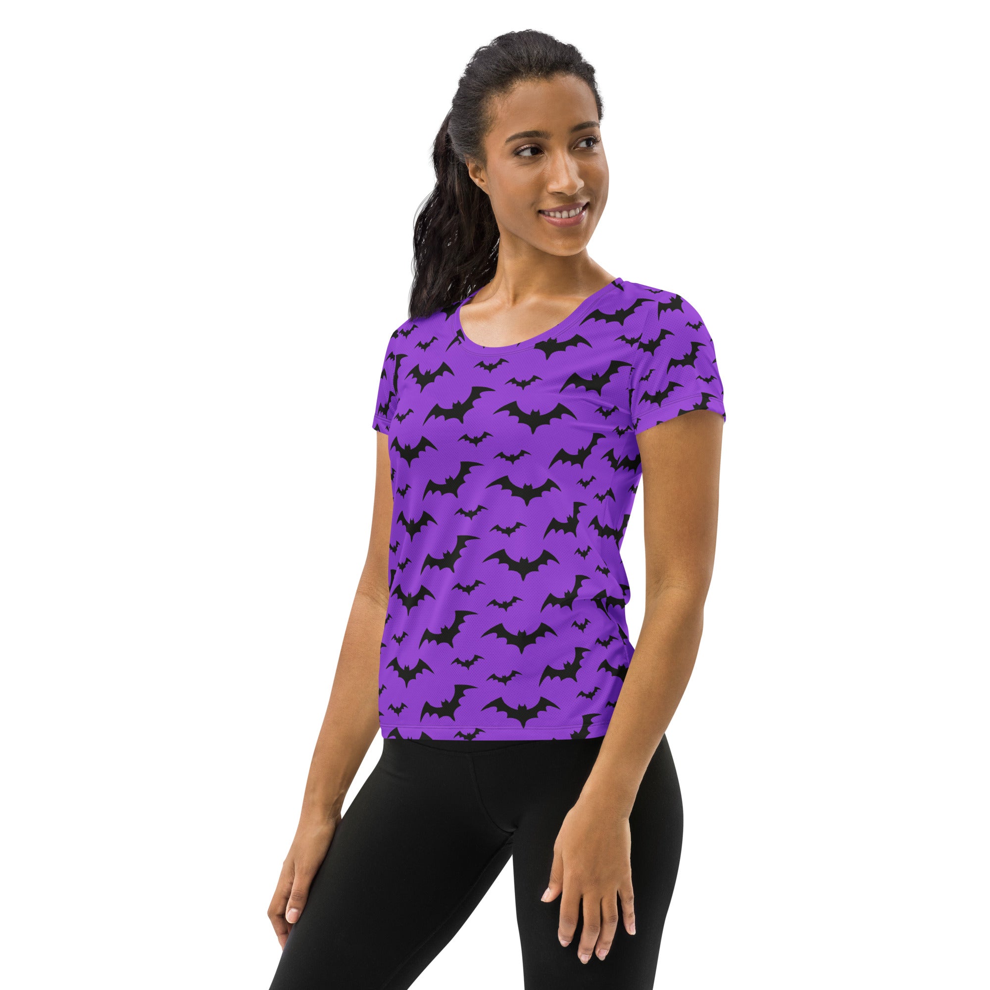 Women’s Purple Bats Halloween Performance Athletic T-Shirt - Lightweight Moisture Wicking Workout Top with UPF 50+