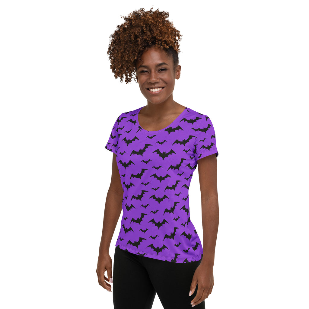 Women’s Purple Bats Halloween Performance Athletic T-Shirt - Lightweight Moisture Wicking Workout Top with UPF 50+