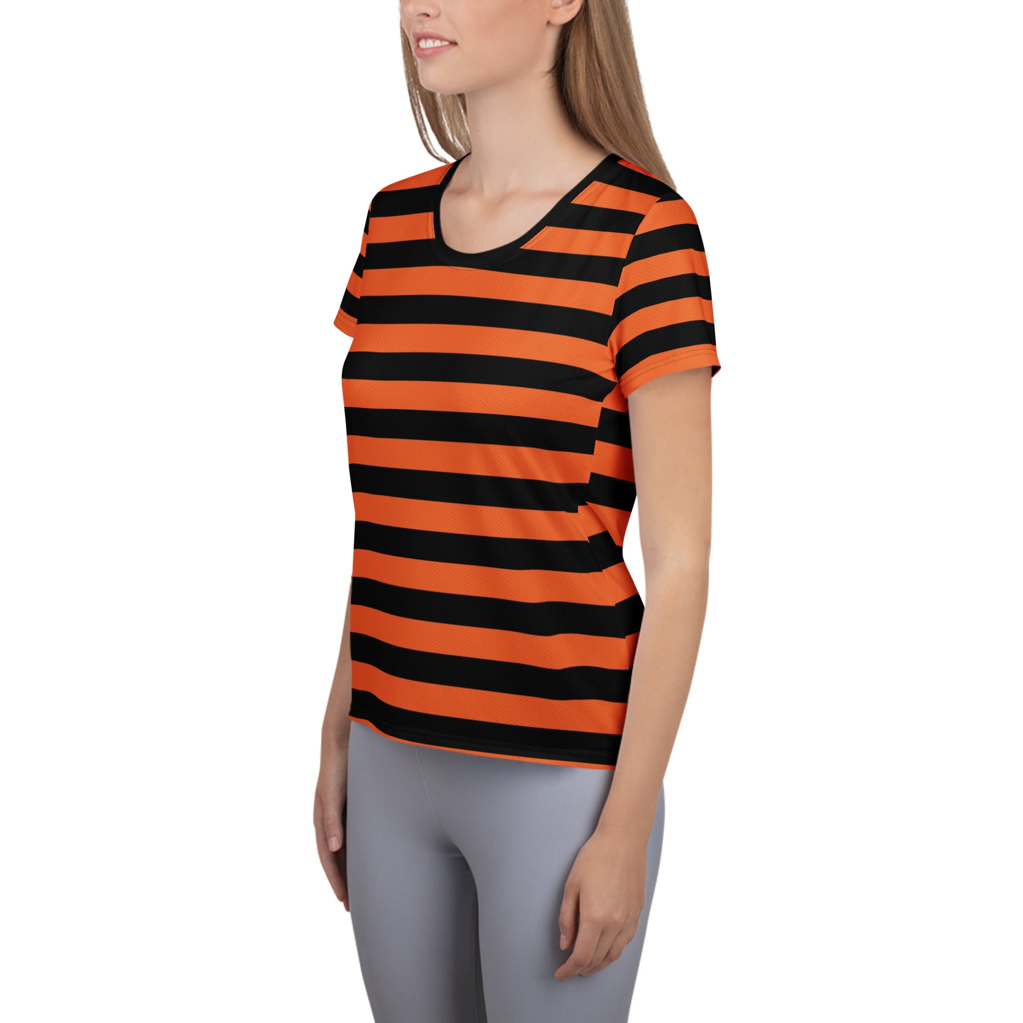 Women’s Orange and Black Halloween Striped Performance Athletic T-Shirt - Lightweight Moisture Wicking Workout Top with UPF 50+