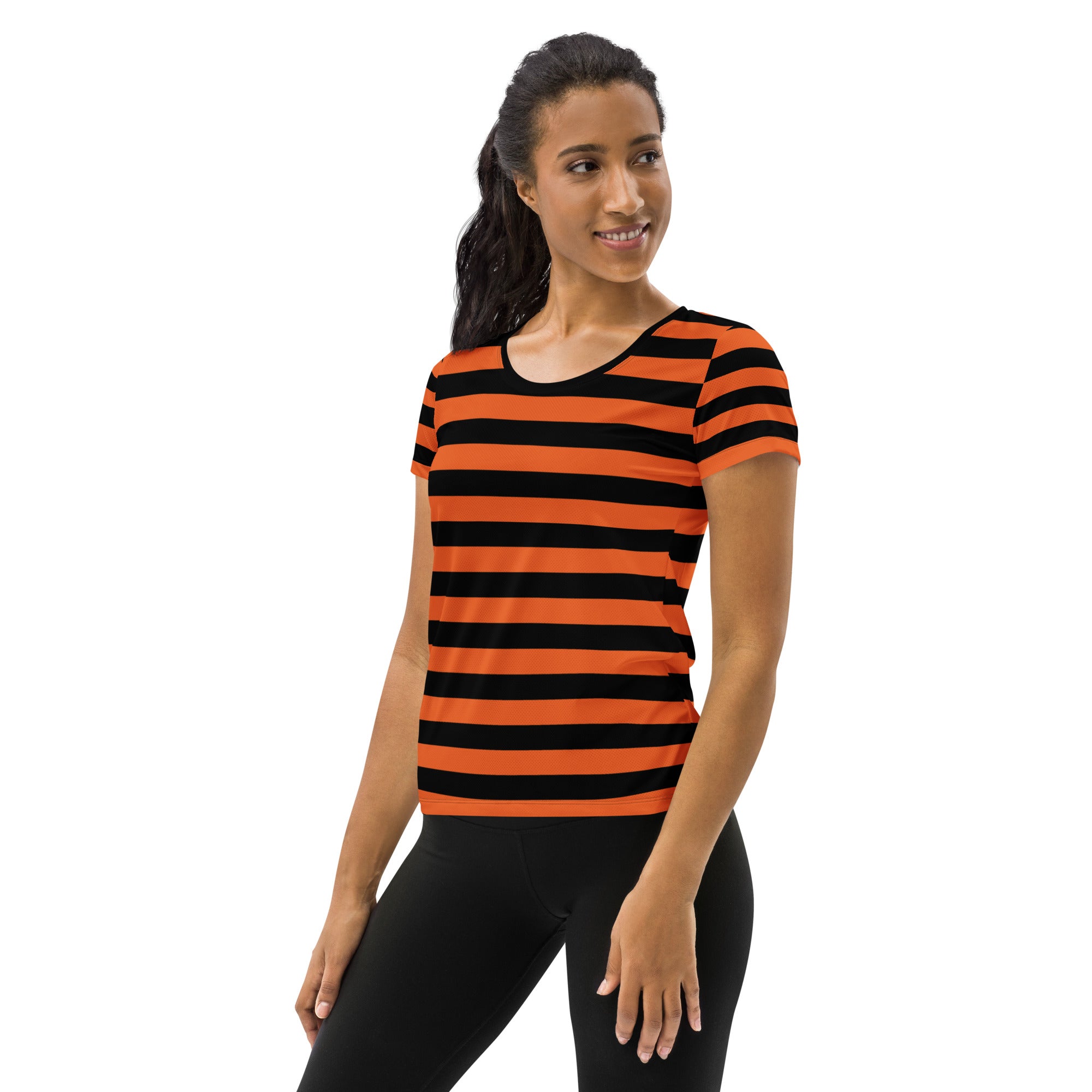 Women’s Orange and Black Halloween Striped Performance Athletic T-Shirt - Lightweight Moisture Wicking Workout Top with UPF 50+
