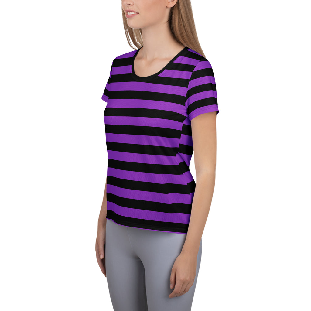 Women’s Purple and Black Halloween Striped Performance Athletic T-Shirt - Lightweight Moisture Wicking Workout Top with UPF 50+