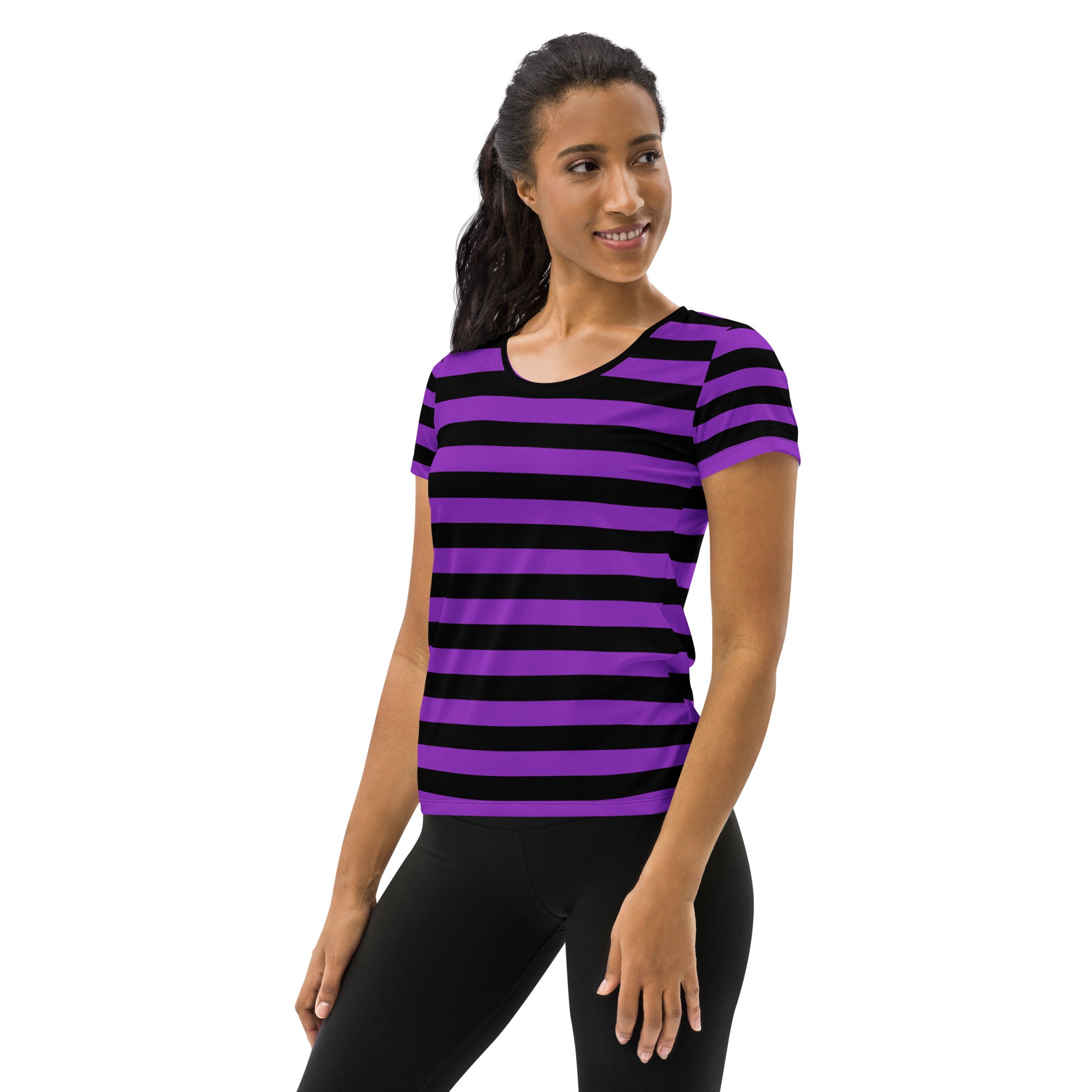 Women’s Purple and Black Halloween Striped Performance Athletic T-Shirt - Lightweight Moisture Wicking Workout Top with UPF 50+