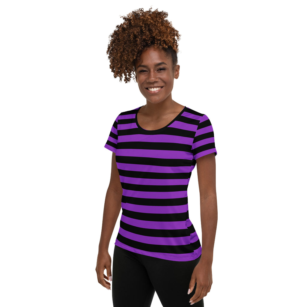 Women’s Purple and Black Halloween Striped Performance Athletic T-Shirt - Lightweight Moisture Wicking Workout Top with UPF 50+
