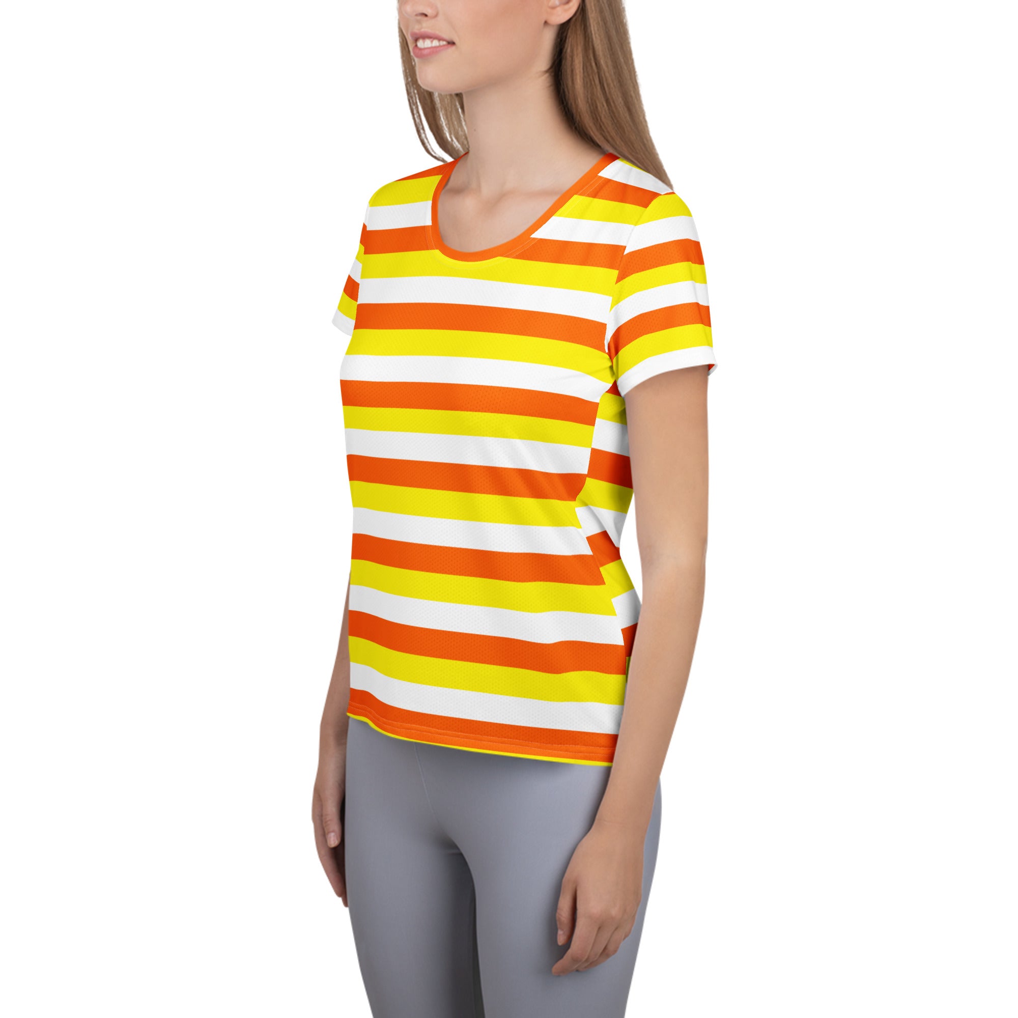 Women’s Candy Corn Stripes Performance Athletic T-Shirt - Lightweight Moisture Wicking Workout Top with UPF 50+