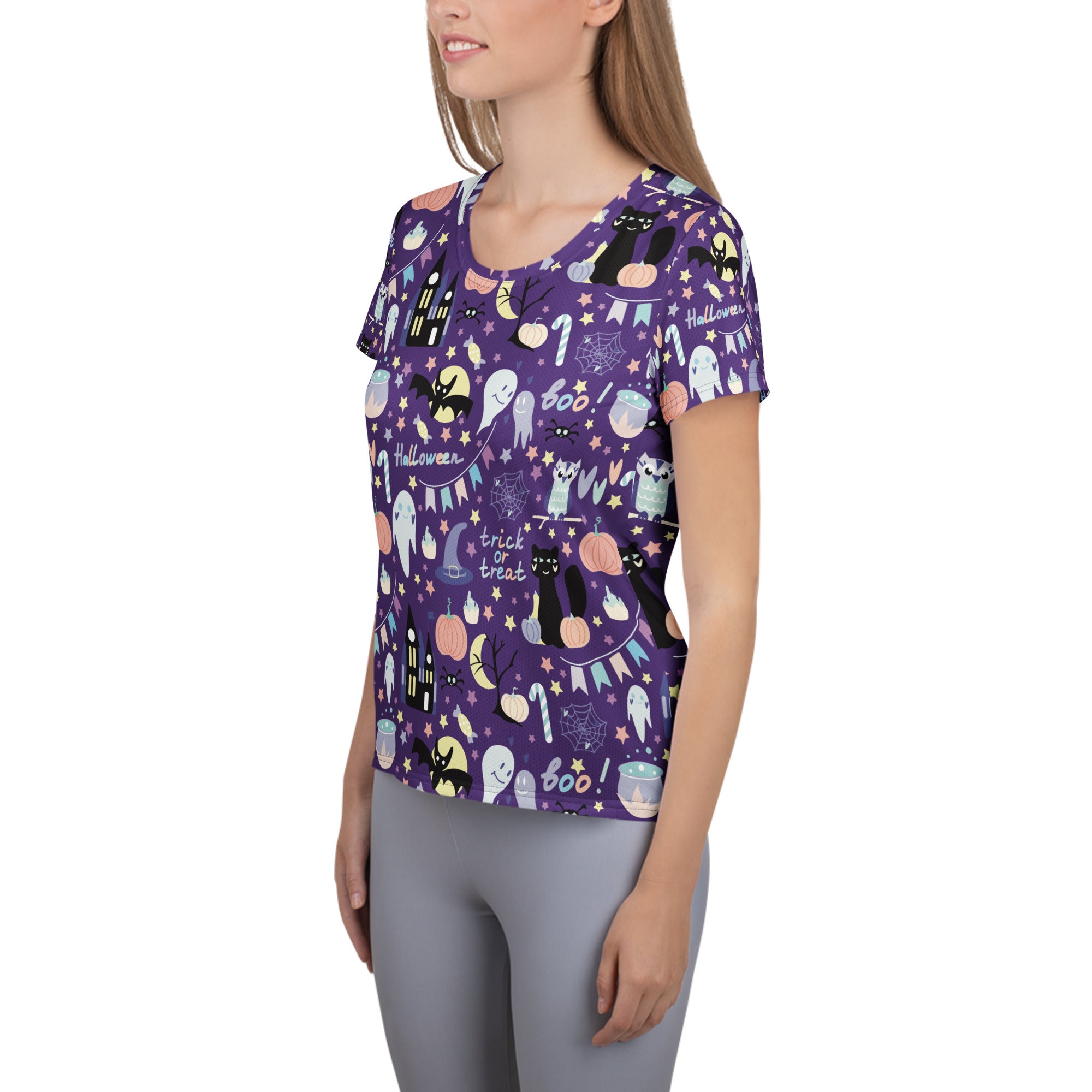 Women’s Spooky Halloween Performance Athletic T-Shirt - Lightweight Moisture Wicking Workout Top with UPF 50+