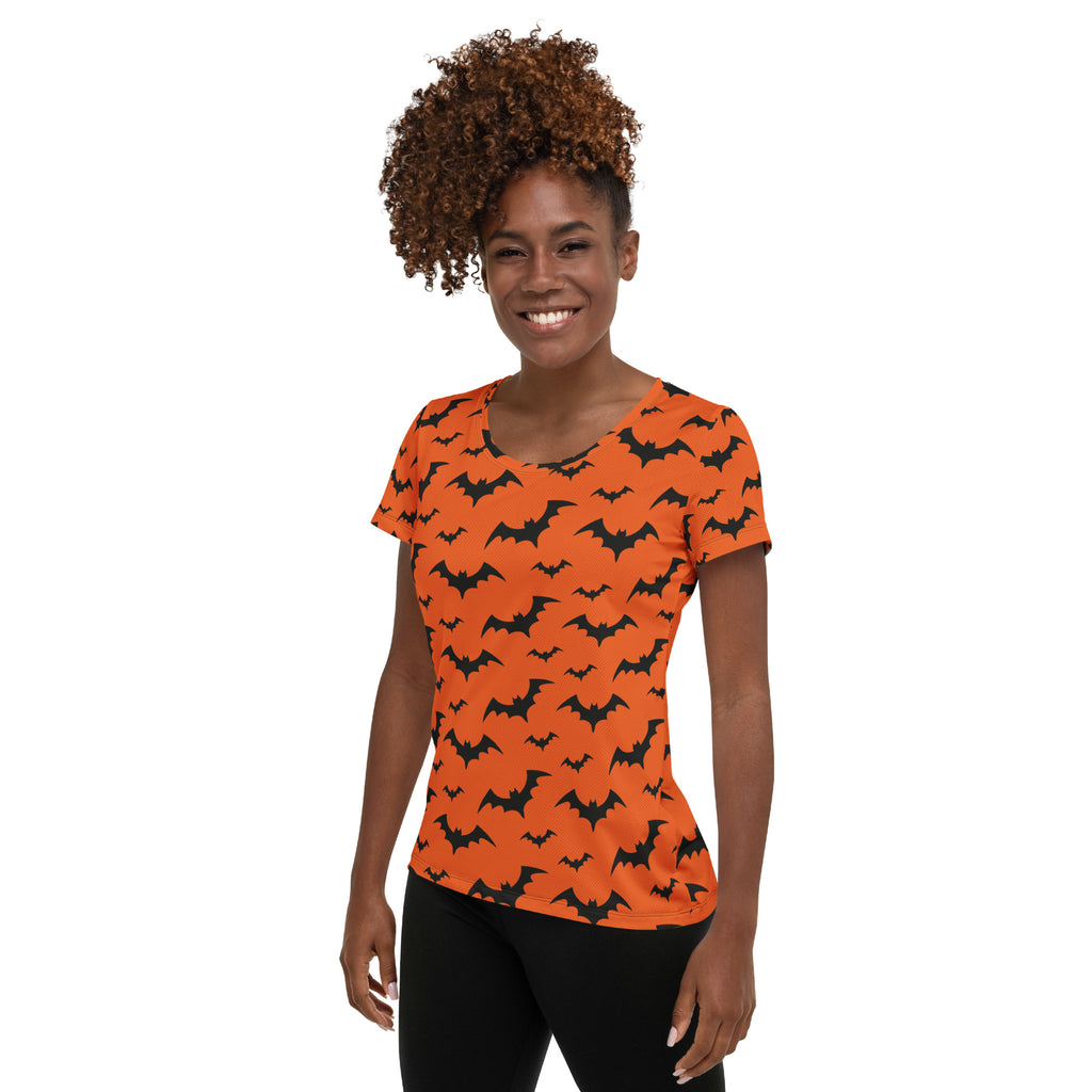 Women’s Orange Bats Halloween Performance Athletic T-Shirt - Lightweight Moisture Wicking Workout Top with UPF 50+