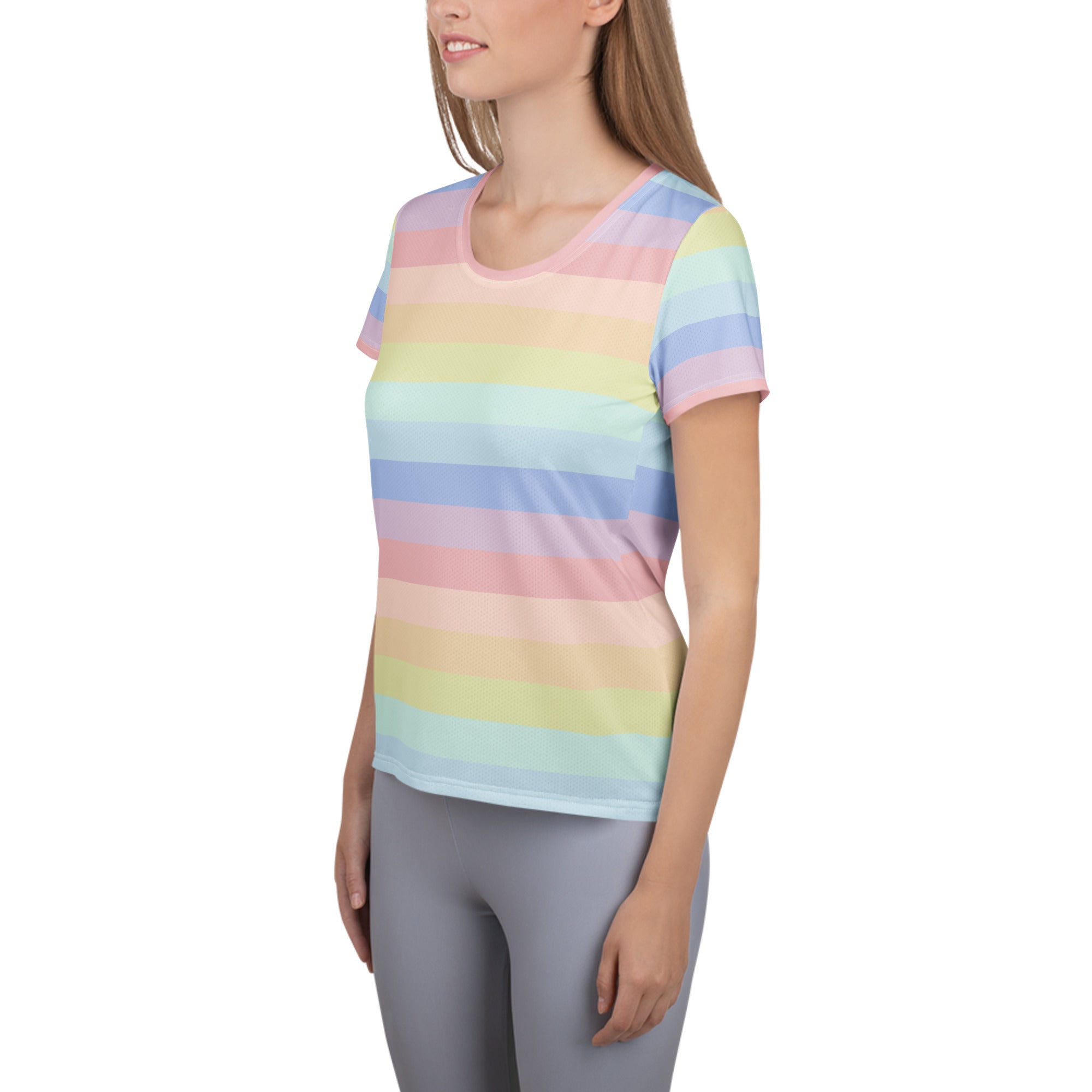 Women’s Colorful Pastel Striped Performance Athletic T-Shirt - Lightweight Moisture Wicking Workout Top with UPF 50+