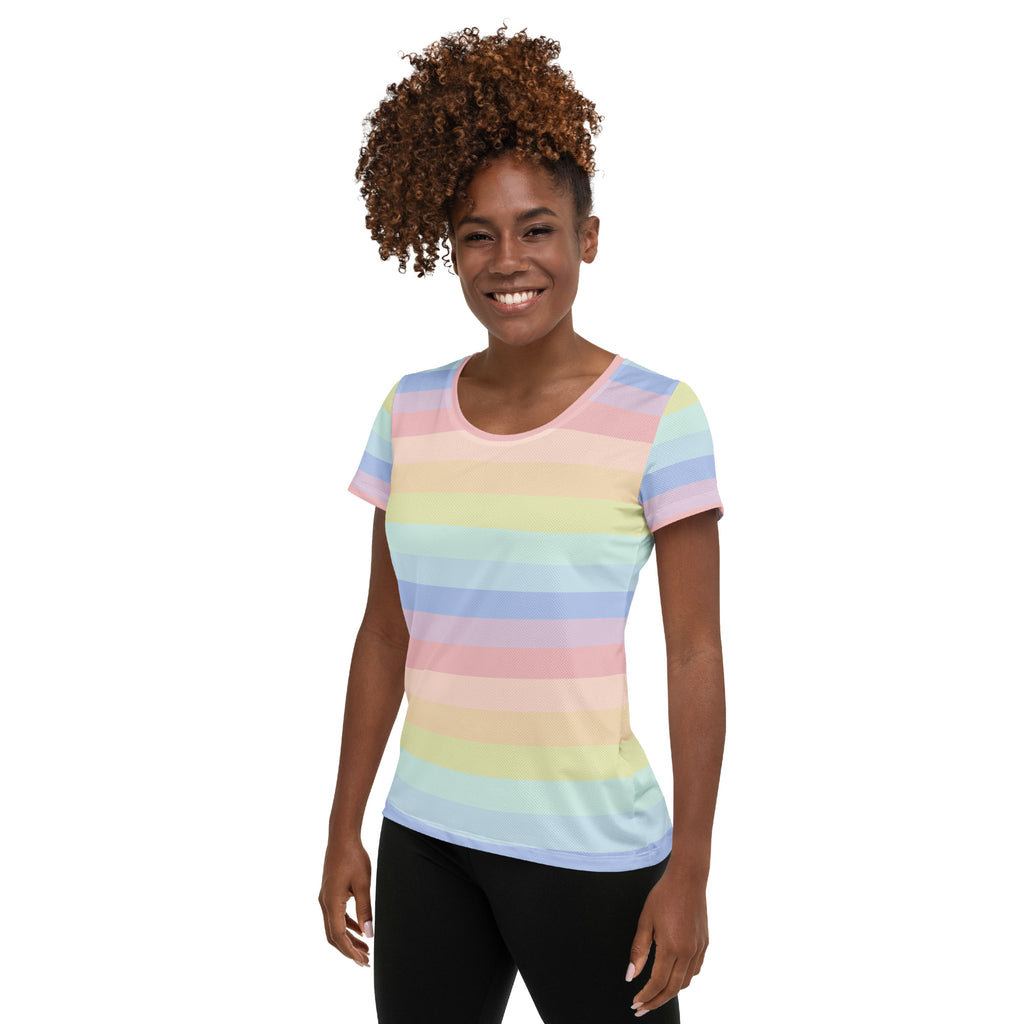 Women’s Colorful Pastel Striped Performance Athletic T-Shirt - Lightweight Moisture Wicking Workout Top with UPF 50+