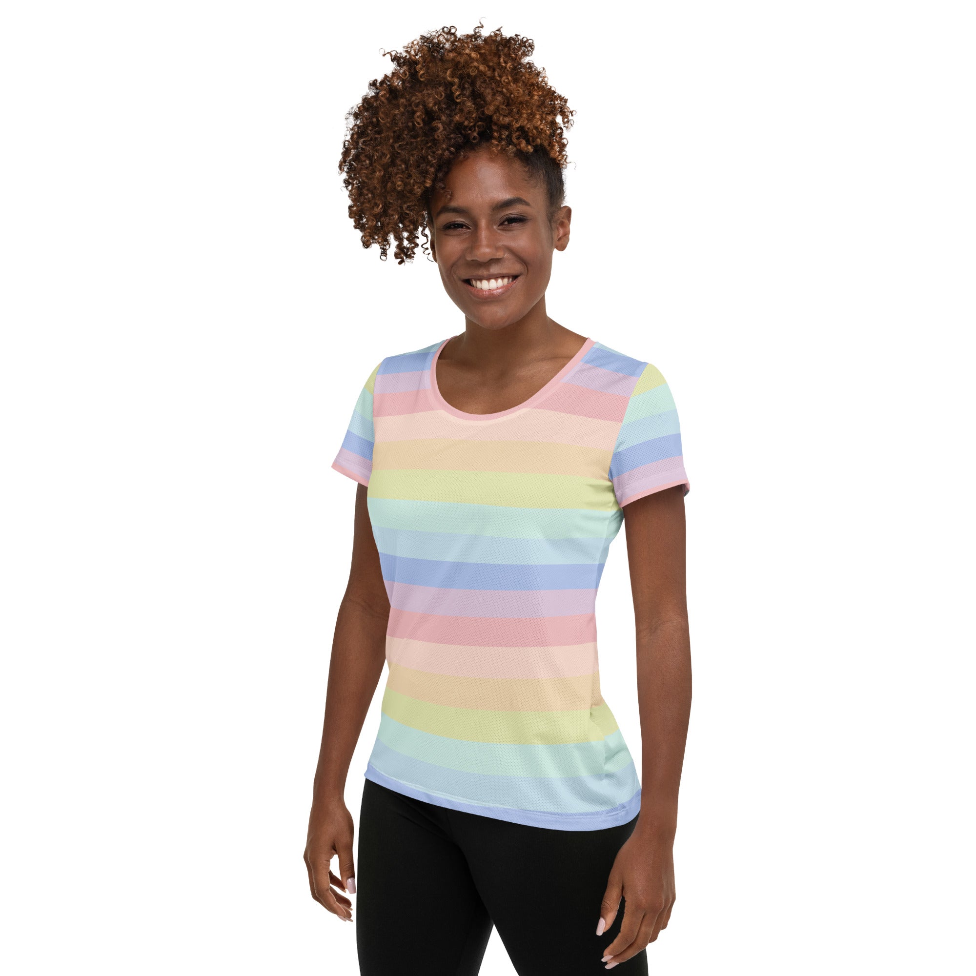 Women’s Colorful Pastel Striped Performance Athletic T-Shirt - Lightweight Moisture Wicking Workout Top with UPF 50+