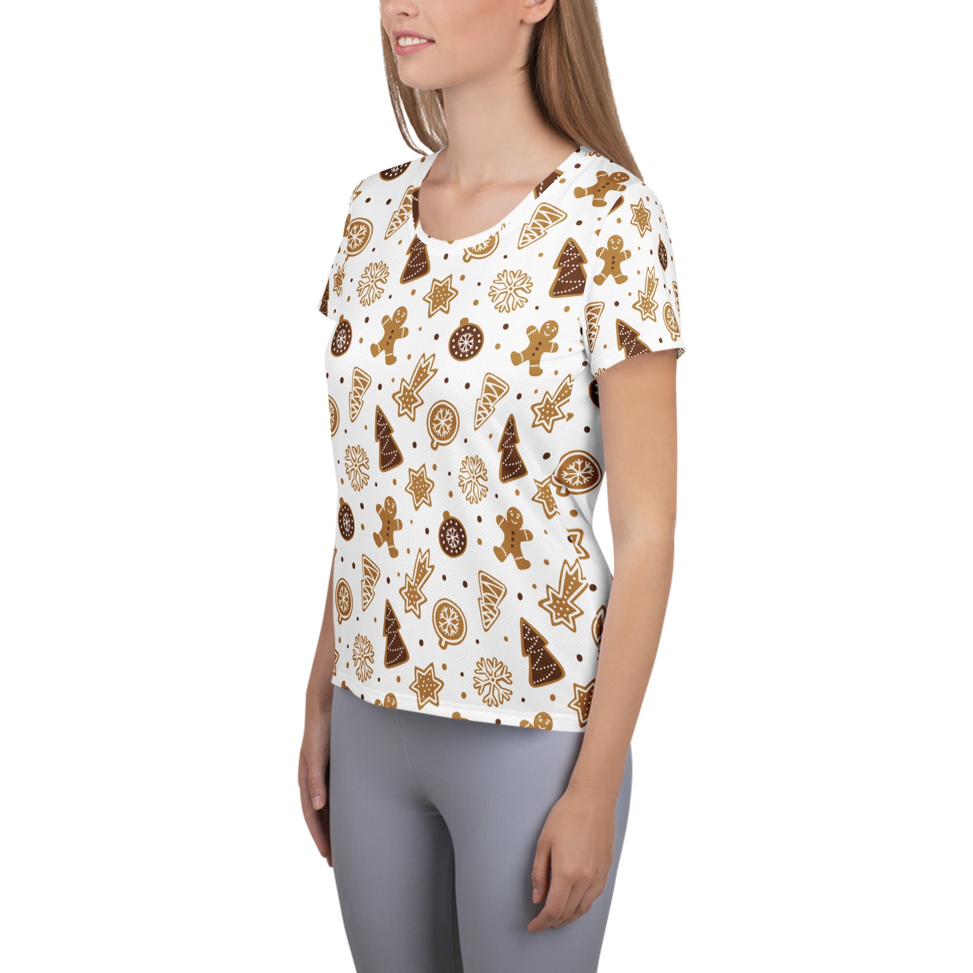 Women’s Gingerbread Cookies Christmas Performance Athletic T-Shirt - Lightweight Moisture Wicking Workout Top with UPF 50+