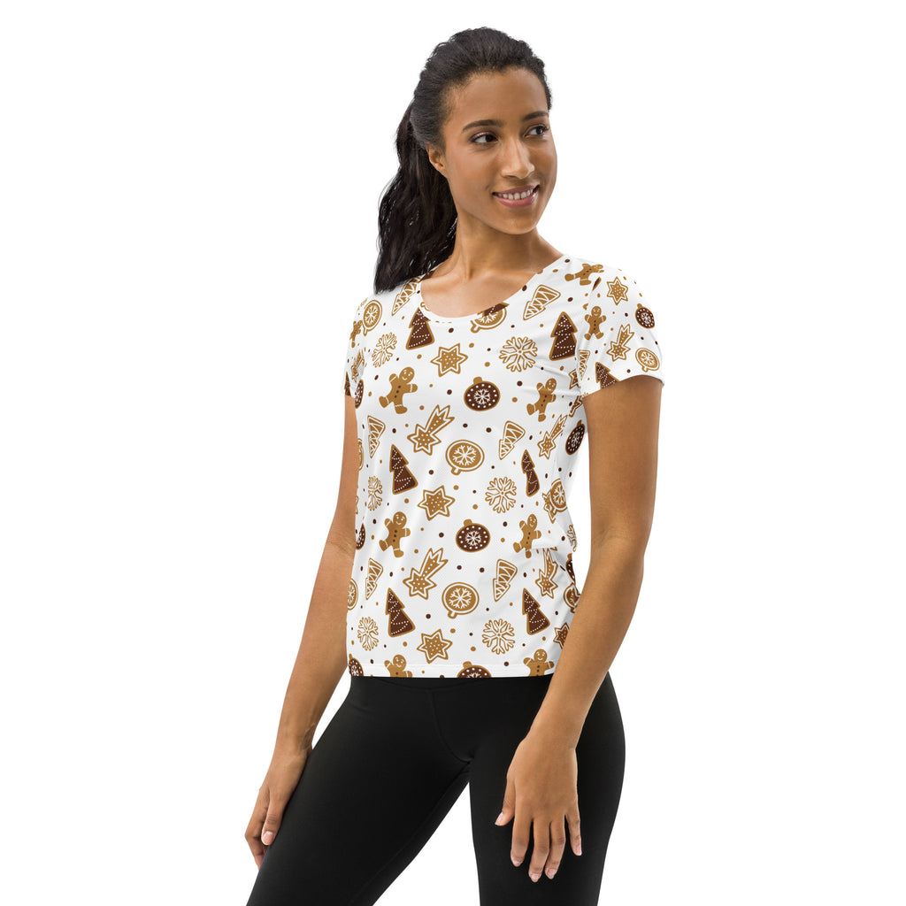 Women’s Gingerbread Cookies Christmas Performance Athletic T-Shirt - Lightweight Moisture Wicking Workout Top with UPF 50+
