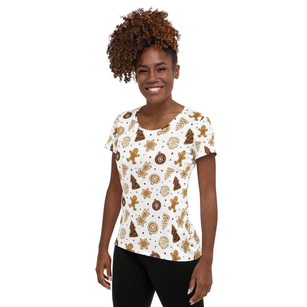 Women’s Gingerbread Cookies Christmas Performance Athletic T-Shirt - Lightweight Moisture Wicking Workout Top with UPF 50+