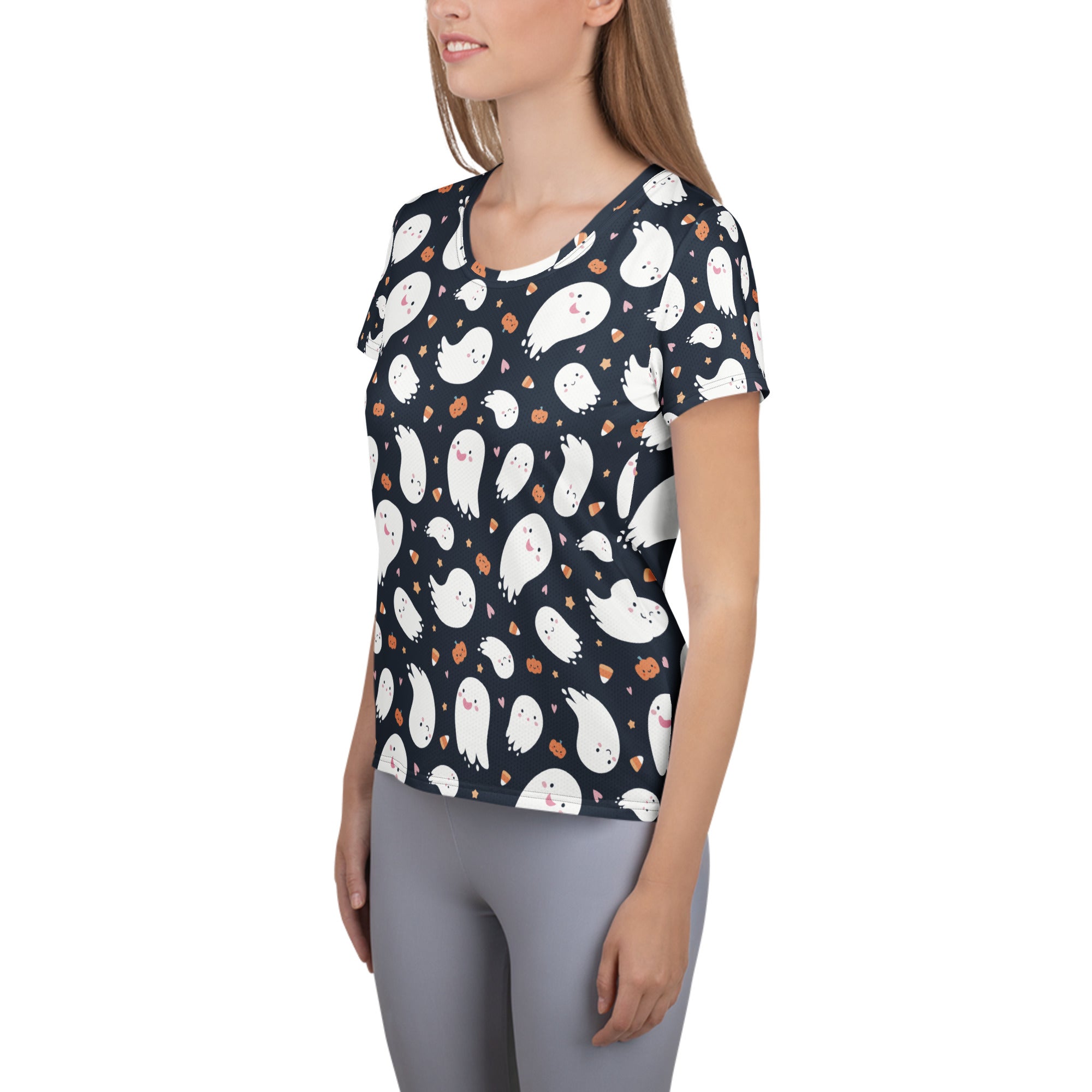 Women’s Ghost Halloween Performance Athletic T-Shirt - Lightweight Moisture Wicking Workout Top with UPF 50+