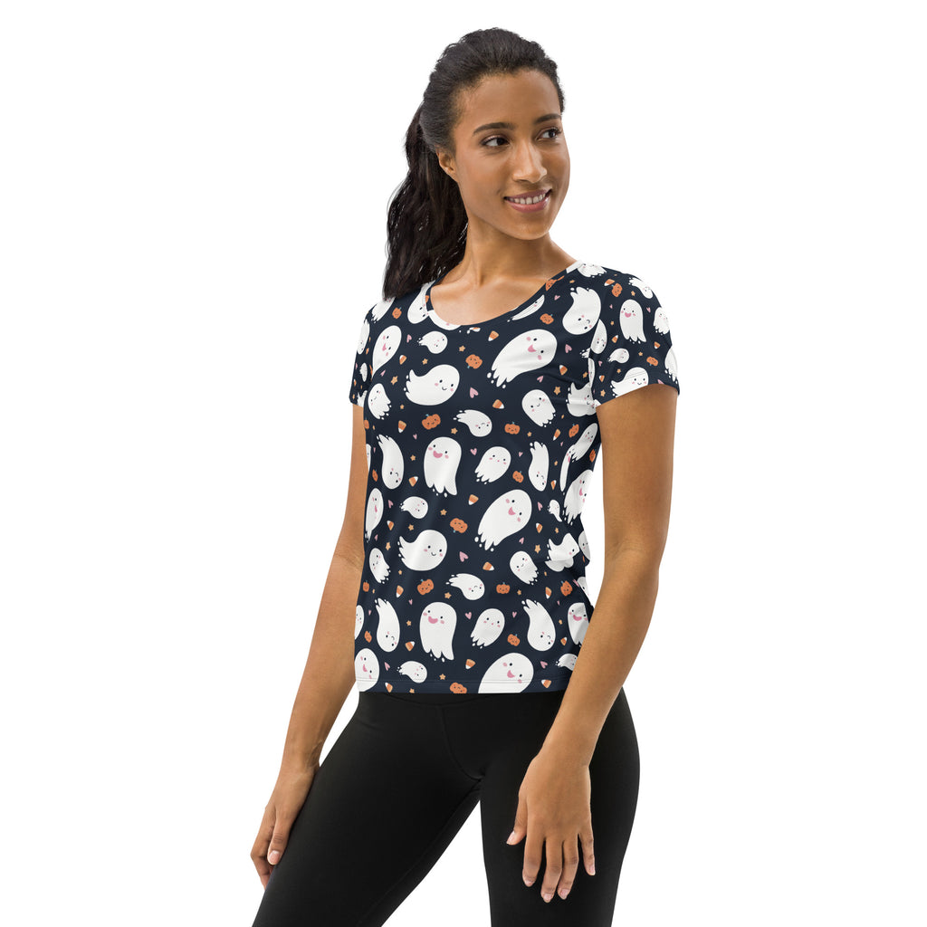 Women’s Ghost Halloween Performance Athletic T-Shirt - Lightweight Moisture Wicking Workout Top with UPF 50+