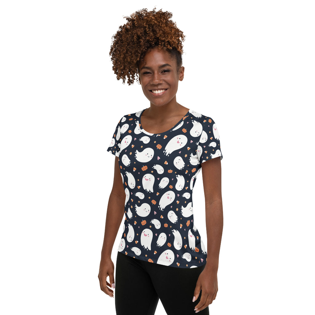 Women’s Ghost Halloween Performance Athletic T-Shirt - Lightweight Moisture Wicking Workout Top with UPF 50+