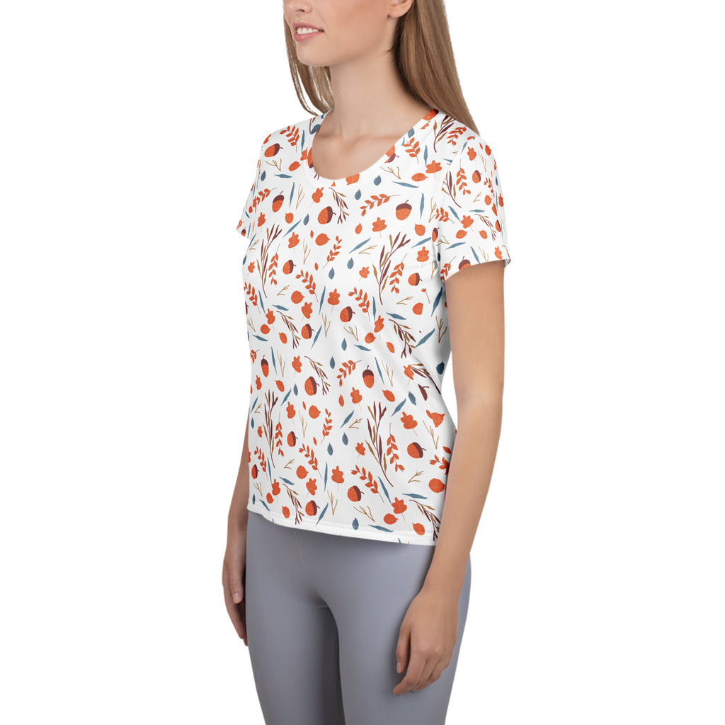 Women’s Fall Leaves & Acorns Performance Athletic T-Shirt - Lightweight Moisture Wicking Workout Top with UPF 50+