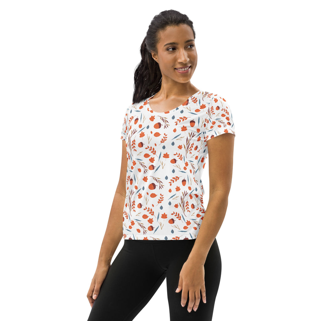 Women’s Fall Leaves & Acorns Performance Athletic T-Shirt - Lightweight Moisture Wicking Workout Top with UPF 50+