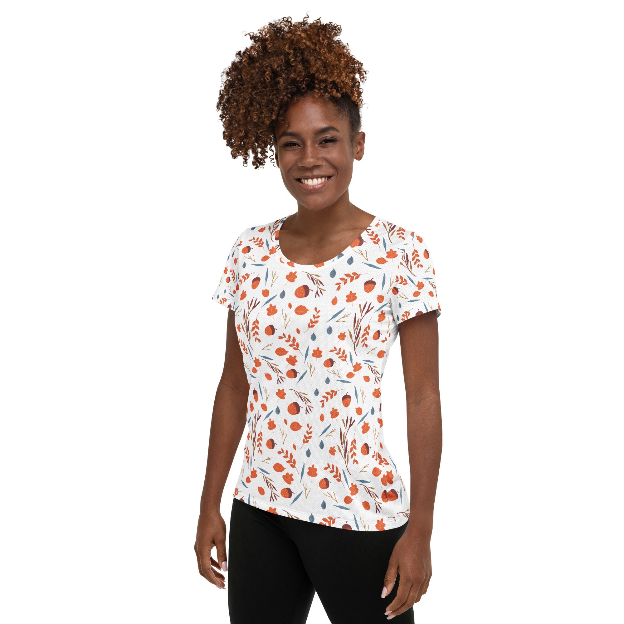 Women’s Fall Leaves & Acorns Performance Athletic T-Shirt - Lightweight Moisture Wicking Workout Top with UPF 50+