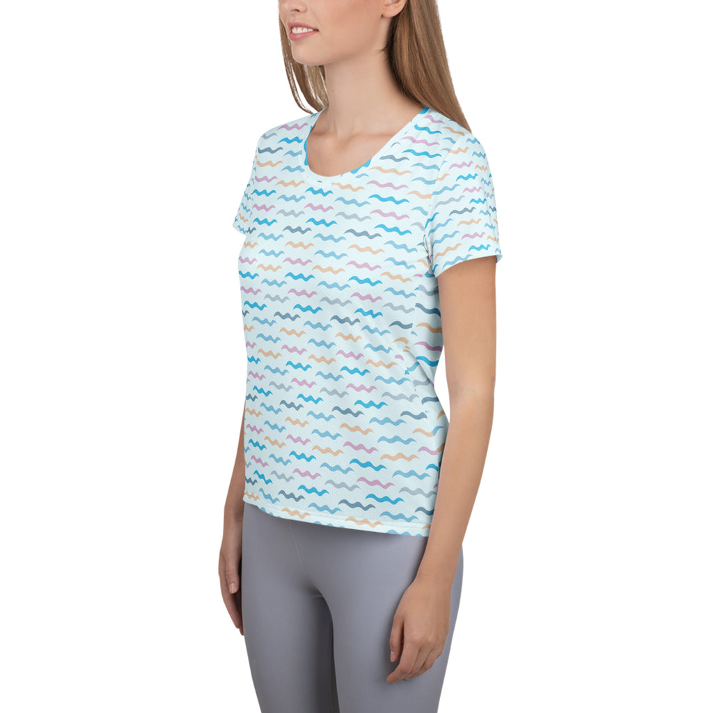 Women’s Pastel Wavy Stripe Performance Athletic T-Shirt - Lightweight Moisture Wicking Workout Top with UPF 50+