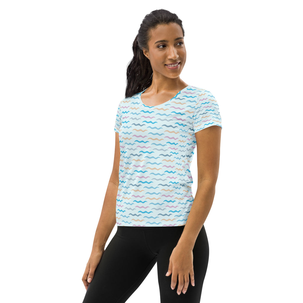 Women’s Pastel Wavy Stripe Performance Athletic T-Shirt - Lightweight Moisture Wicking Workout Top with UPF 50+