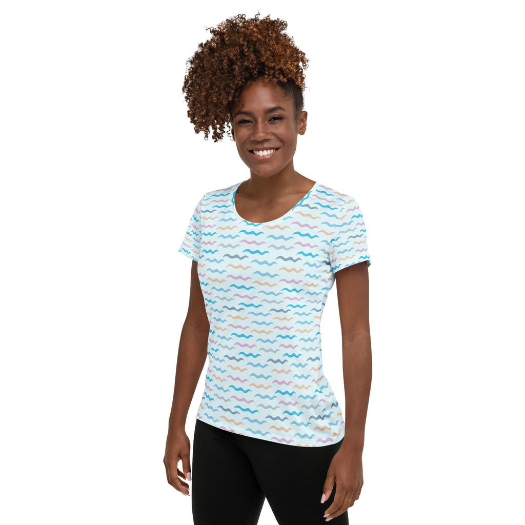 Women’s Pastel Wavy Stripe Performance Athletic T-Shirt - Lightweight Moisture Wicking Workout Top with UPF 50+