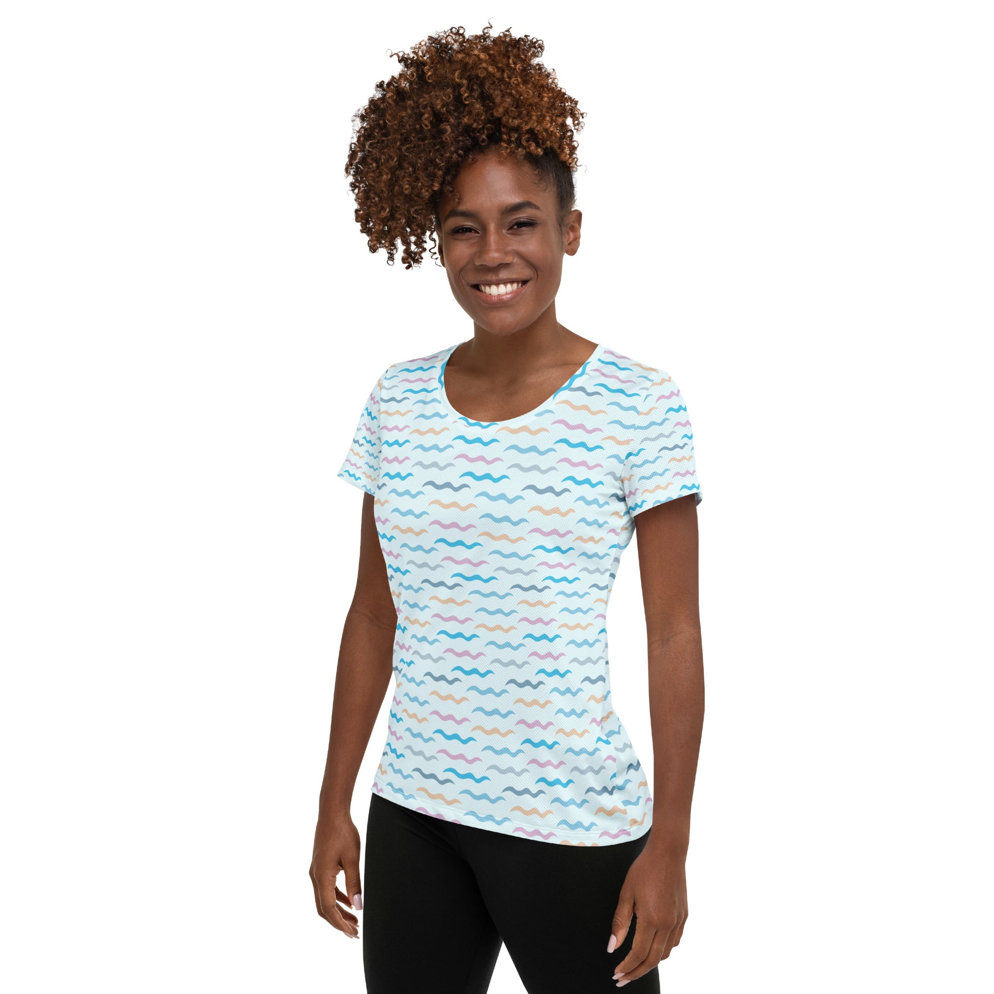 Women’s Pastel Wavy Stripe Performance Athletic T-Shirt - Lightweight Moisture Wicking Workout Top with UPF 50+