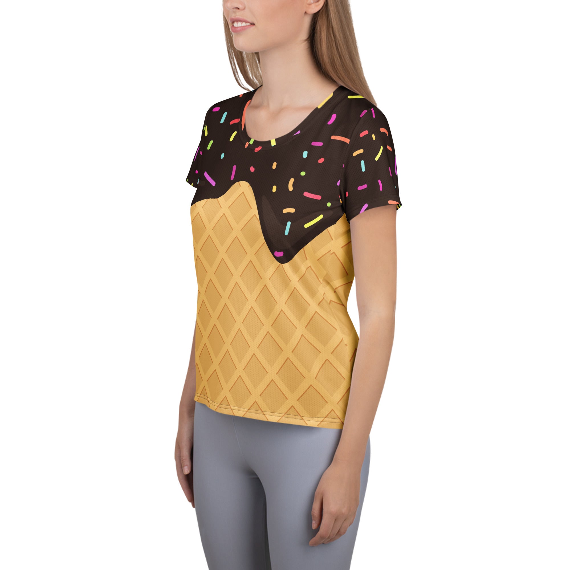 Women’s Chocolate Ice Cream Cone Performance Athletic T-Shirt - Lightweight Moisture Wicking Workout Top with UPF 50+