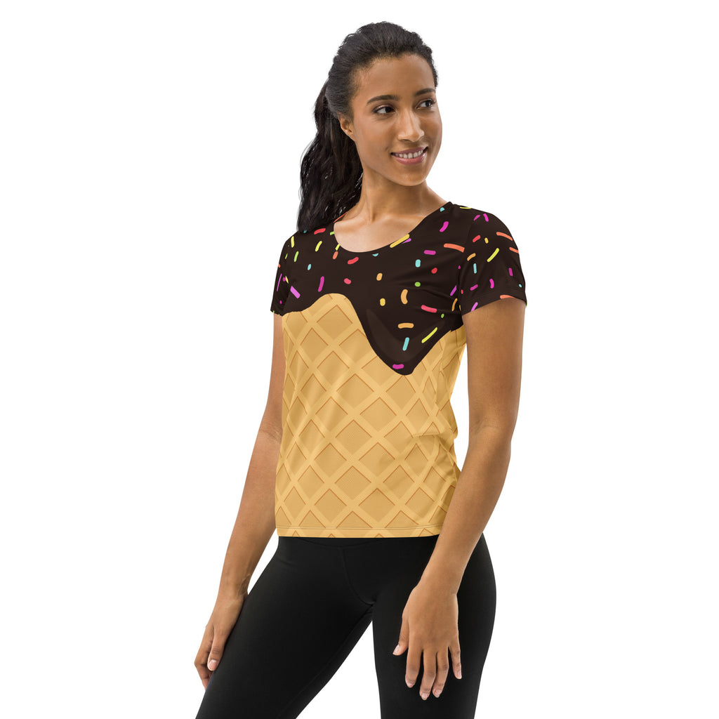 Women’s Chocolate Ice Cream Cone Performance Athletic T-Shirt - Lightweight Moisture Wicking Workout Top with UPF 50+