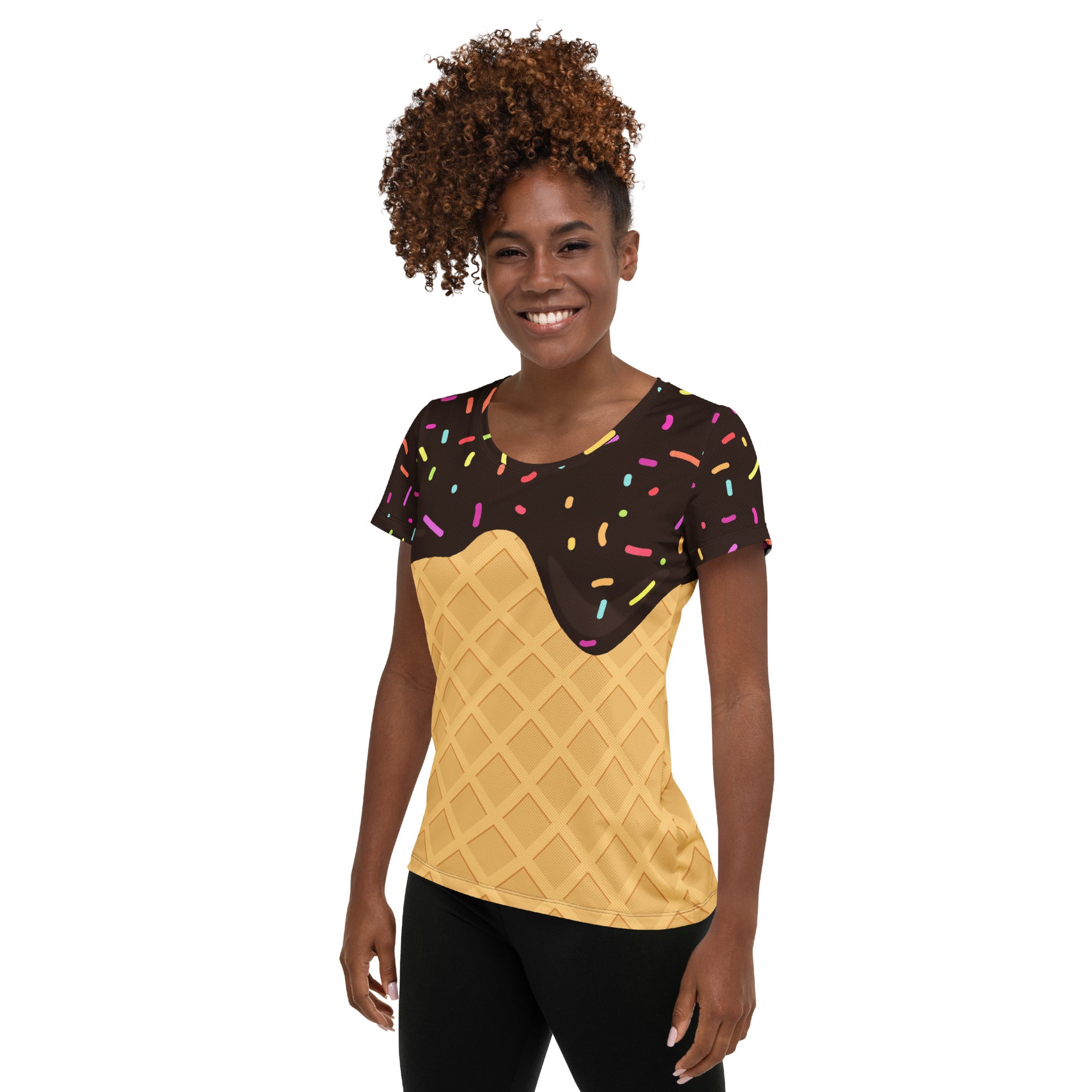 Women’s Chocolate Ice Cream Cone Performance Athletic T-Shirt - Lightweight Moisture Wicking Workout Top with UPF 50+