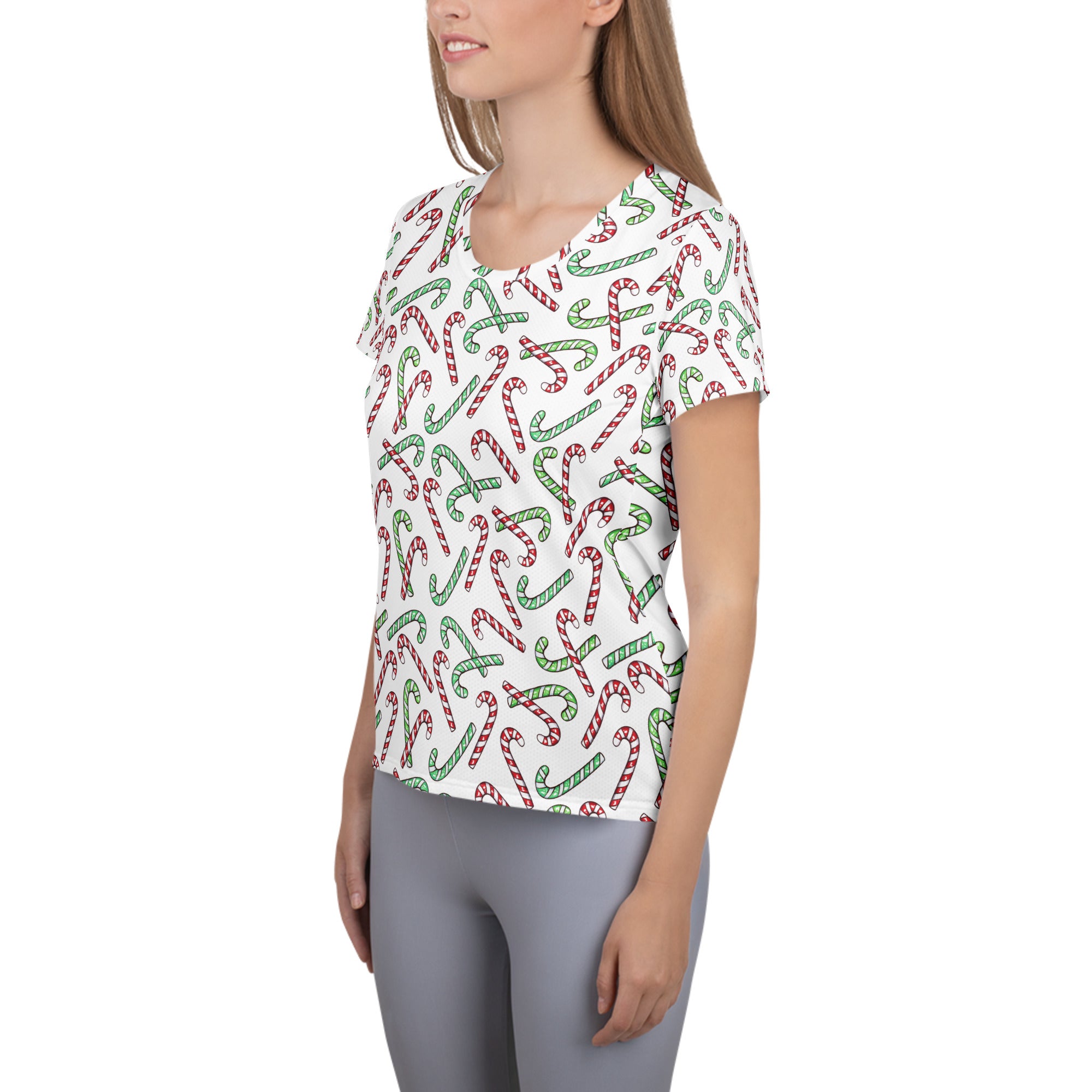 Women’s Red & Green Candy Cane Christmas Performance Athletic T-Shirt - Lightweight Moisture Wicking Workout Top with UPF 50+