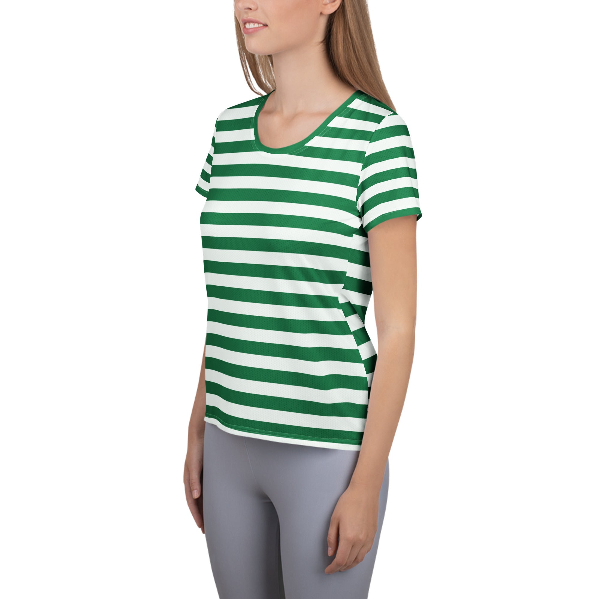 Women’s Striped Green Christmas Performance Athletic T-Shirt - Lightweight Moisture Wicking Workout Top with UPF 50+