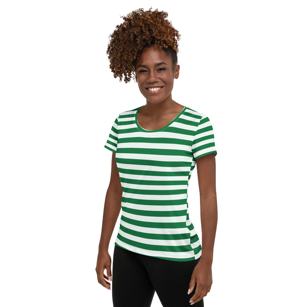Women’s Striped Green Christmas Performance Athletic T-Shirt - Lightweight Moisture Wicking Workout Top with UPF 50+