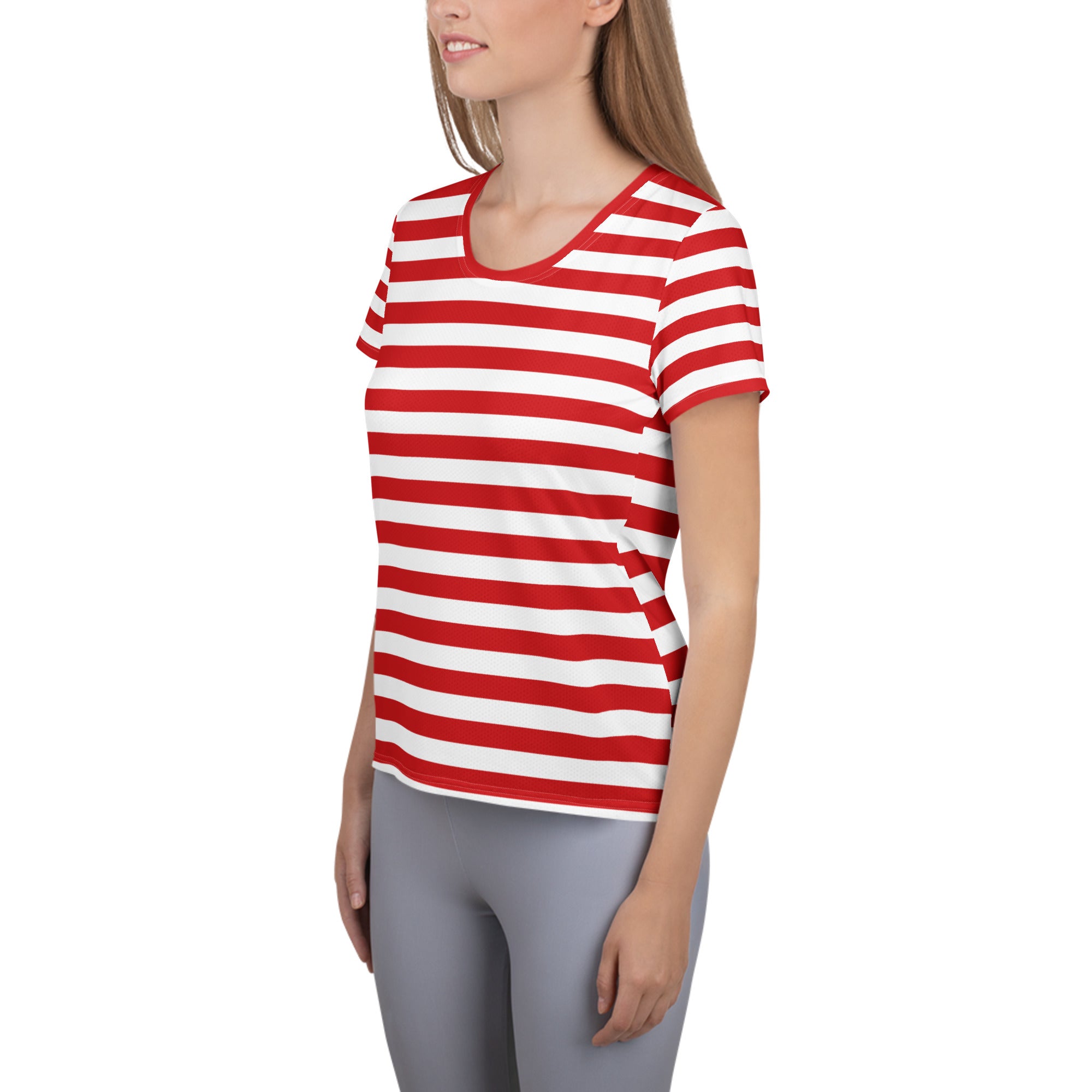 Women’s Striped Red Christmas Performance Athletic T-Shirt - Lightweight Moisture Wicking Workout Top with UPF 50+