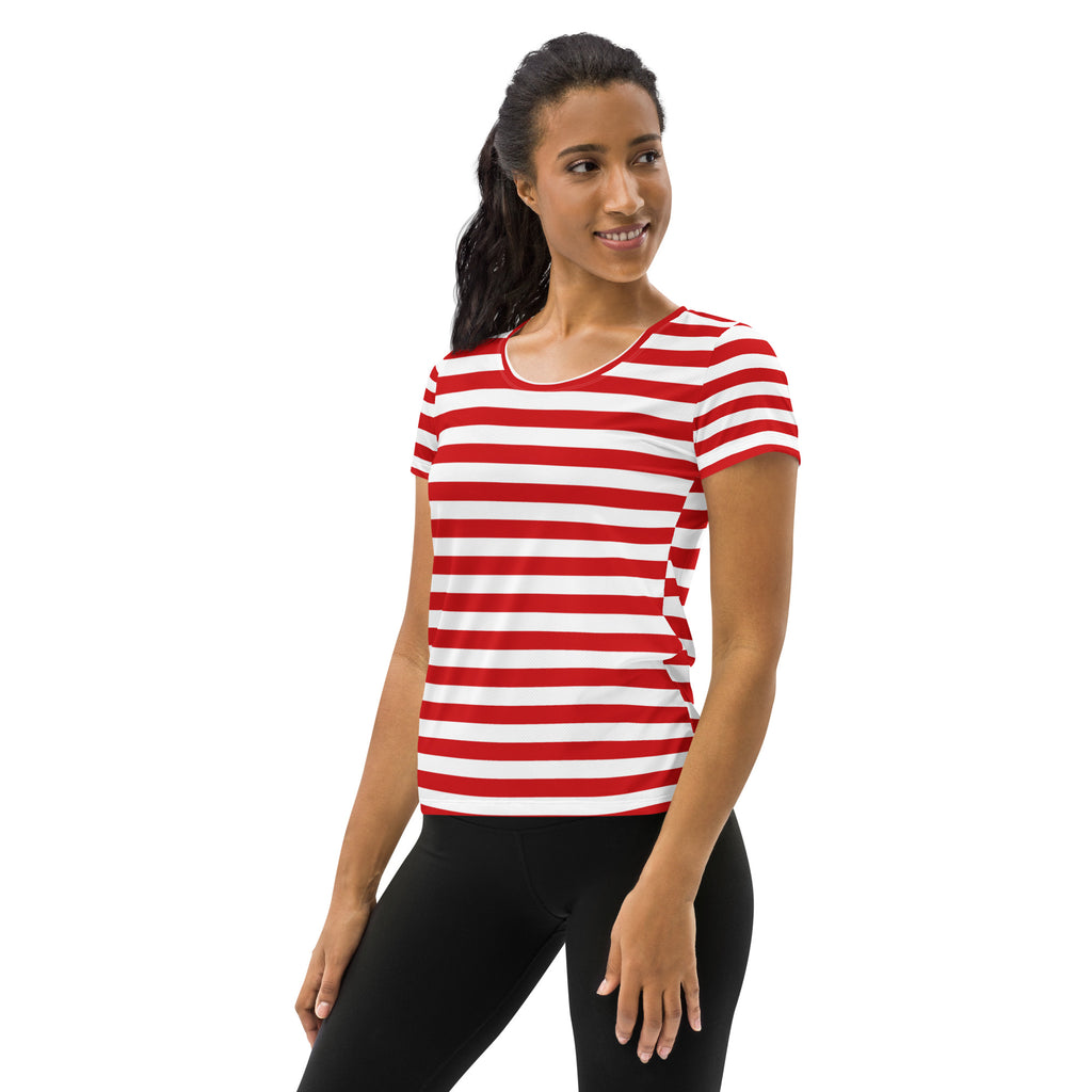 Women’s Striped Red Christmas Performance Athletic T-Shirt - Lightweight Moisture Wicking Workout Top with UPF 50+