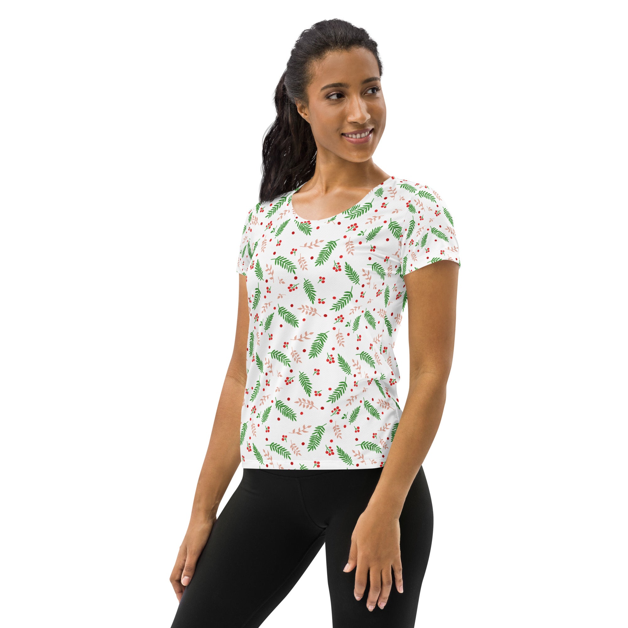 Women’s Christmas Holly Berry Performance Athletic T-Shirt - Lightweight Moisture Wicking Workout Top with UPF 50+